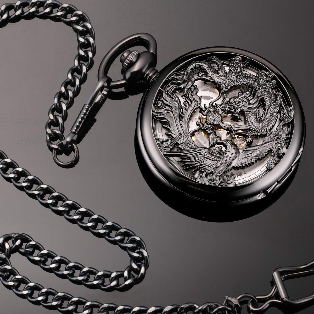 ManChDa Antike, mechanische Taschenuhr, Glück, Drache & Phoenix (Beste Wünsche), Skelett-Zifferblatt mit Kette für Männer und Frauen + Box