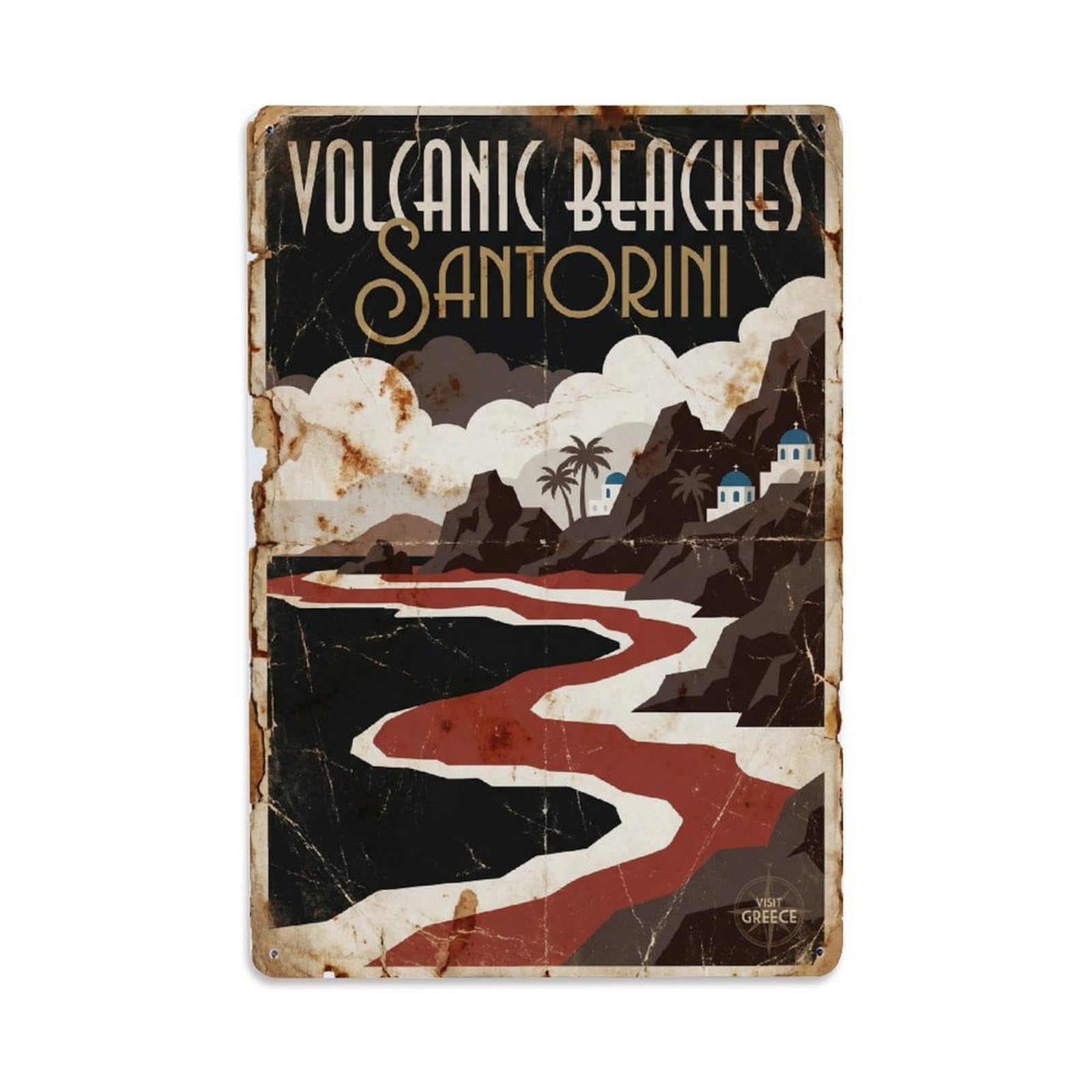 Gead 8X12inch Style Vintage Travel Santorini Volcanic Beaches Metal Tin Sign