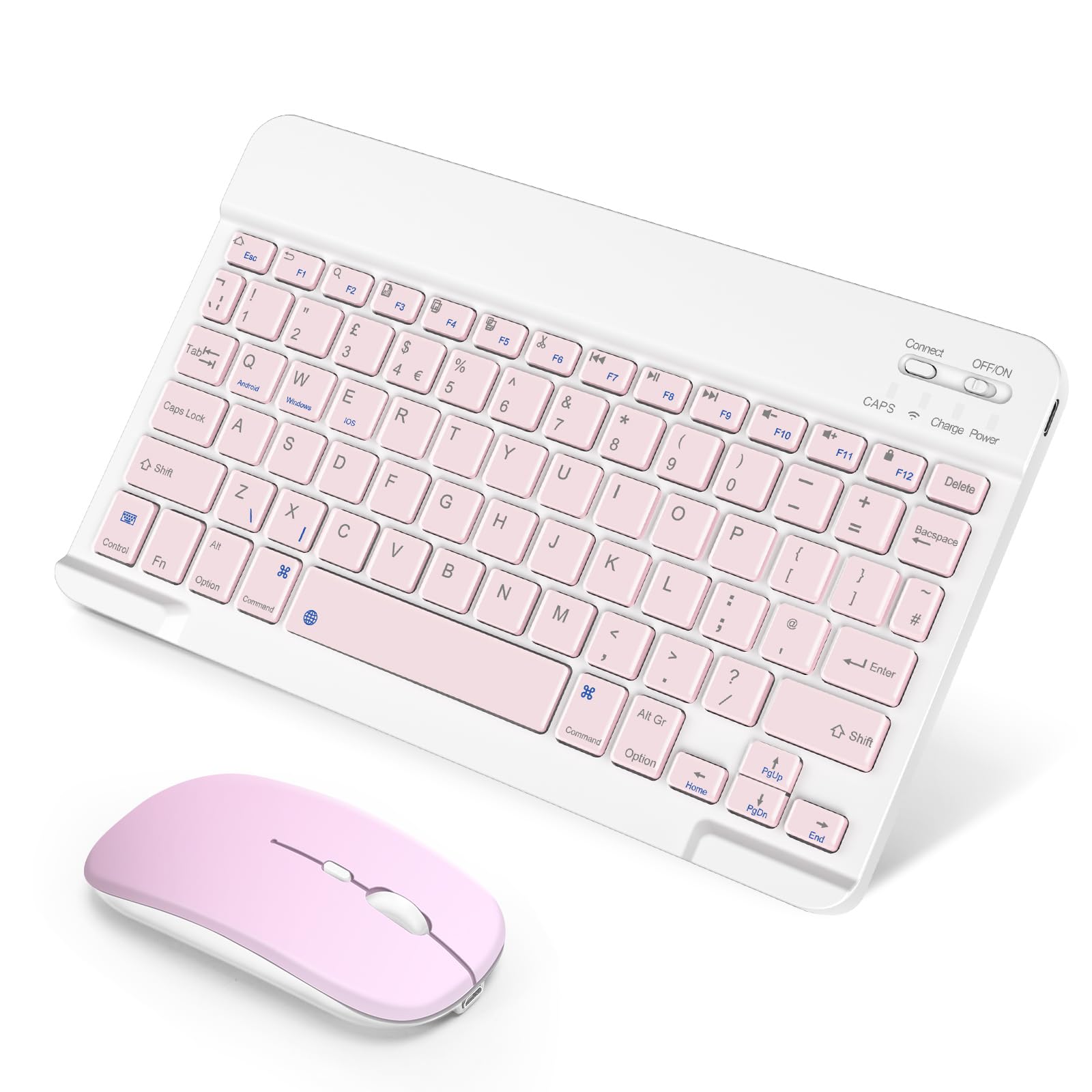 SOPPY Portable Bluetooth Keyboard and Mouse, Rechargeable Mini Keyboard, Wireless Keyboards for iPad 9.7/10.2/iPad Air/Pro/Tablets/iOS/Android/Windows, UK Layout (Pink)