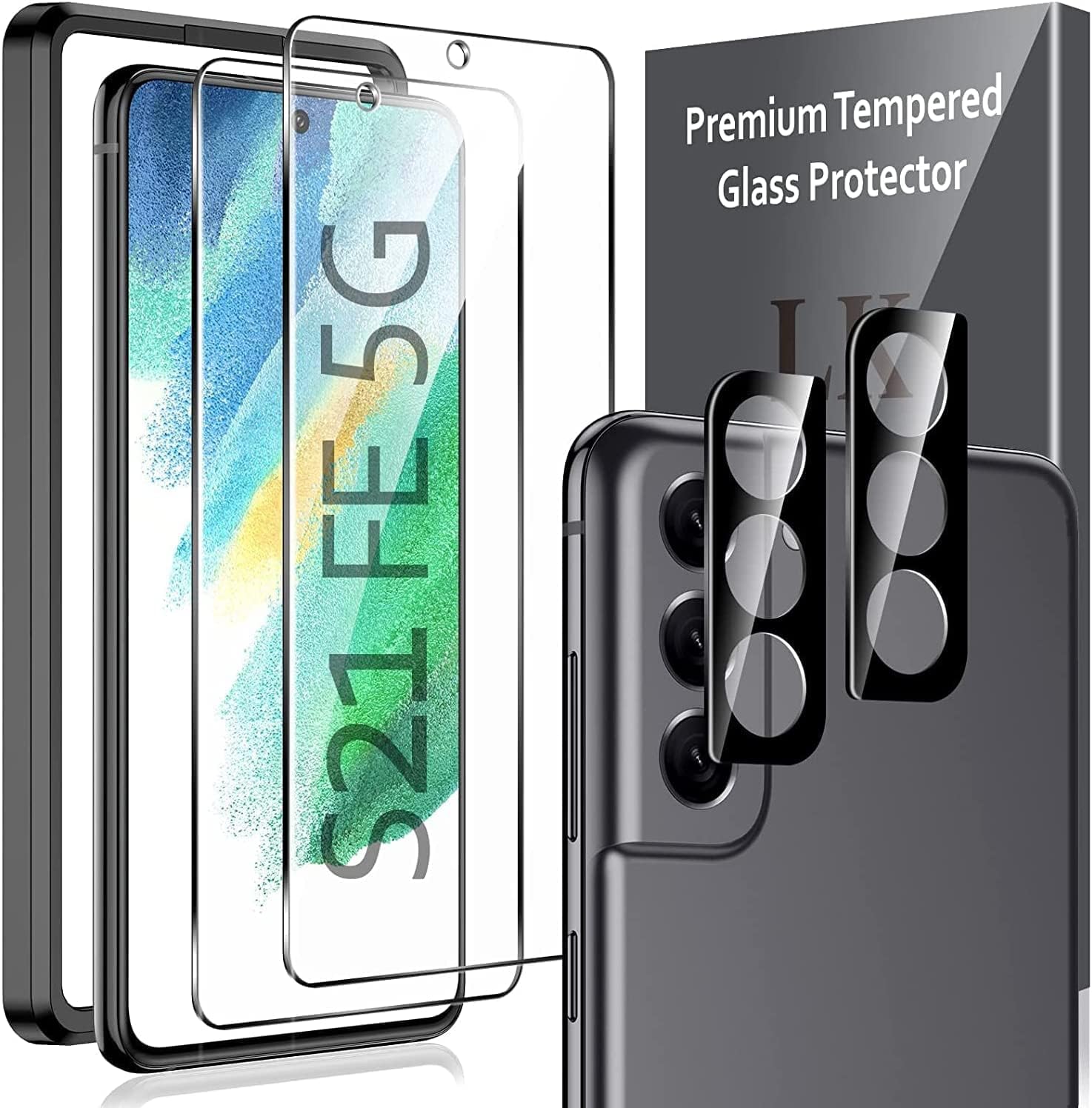 LK [5-in-1] 2 Pack Samsung Galaxy S21 FE Screen Protector & 2 Pack Lens Protector with S21 FE Alignment Frame, 9H Tempered Glass, Scratch-Proof, [Fingerprint Unlock Support], Bubble-Free, 6.4-inch