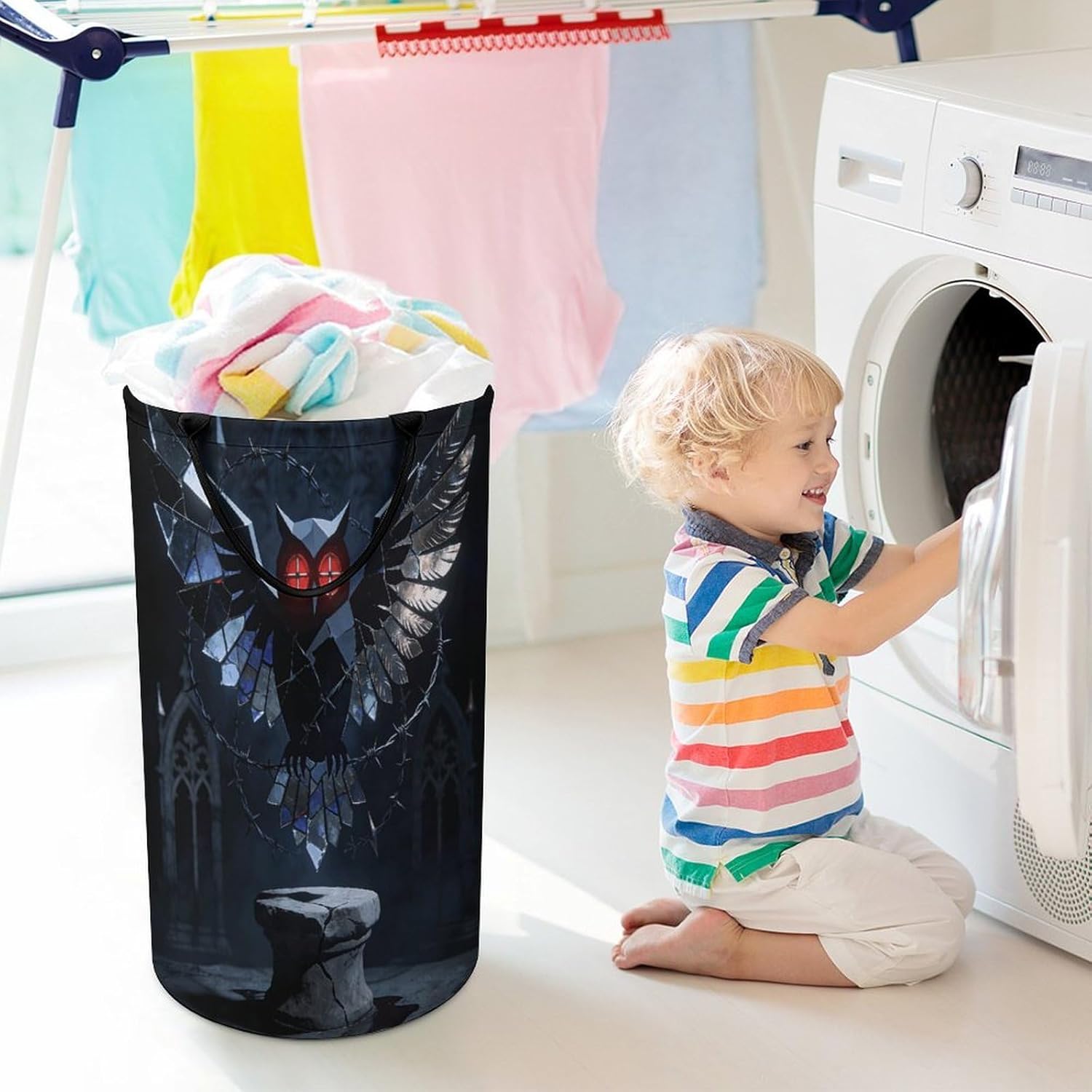Gothic Abstract Owl Laundry Hamper 86L Waterproof Collapsible Clothes Basket with Double Handles Freestanding Foldable Laundry Basket Large Clothes Hamper for Bathroom