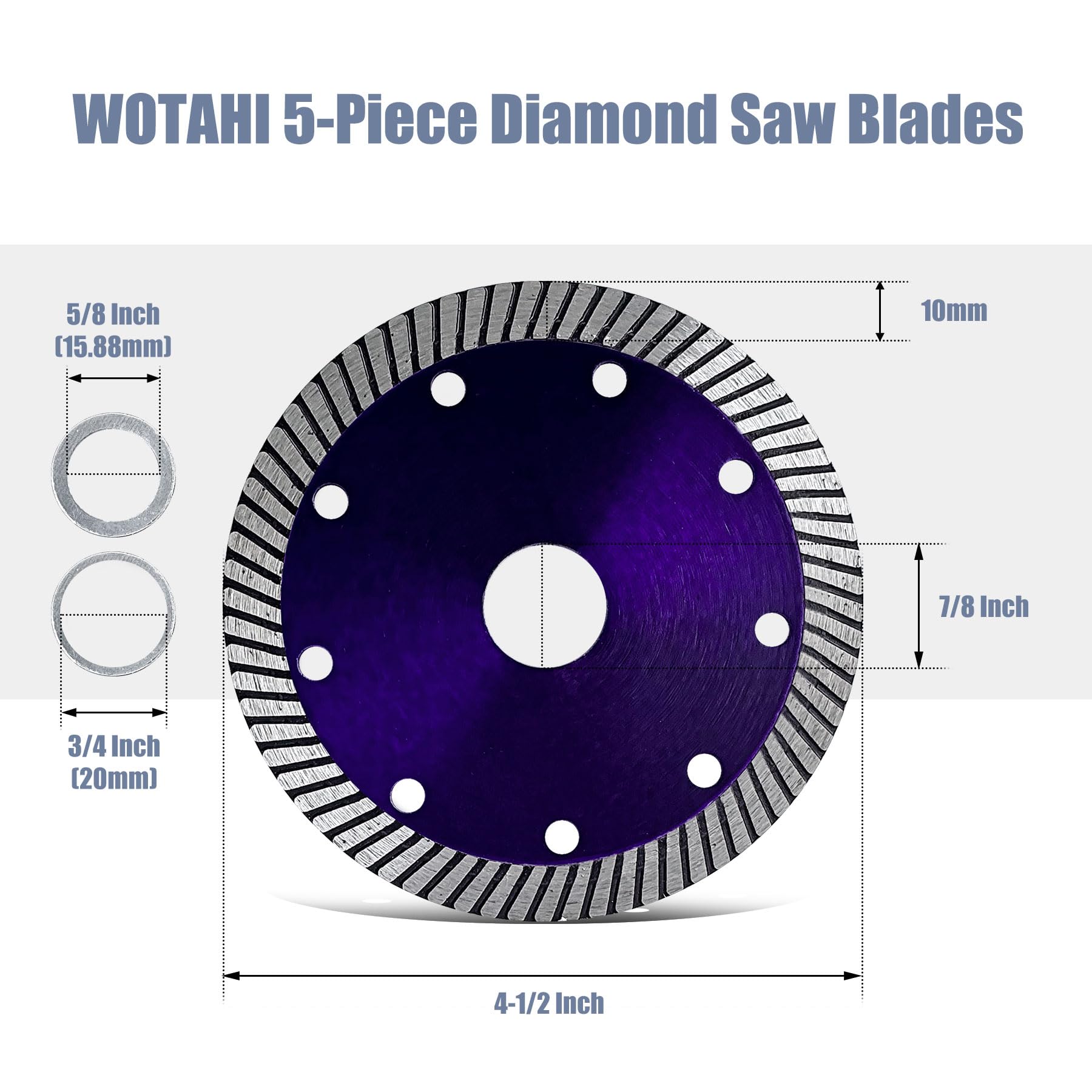 5 hojas de sierra turbo de diamante – Hoja de diamante de 4-1/2 pulgadas para amoladora angular, eje de 7/8 pulgadas con adaptador de 5/8 pulgadas, corte seco/húmedo para hormigón, ladrillo,
