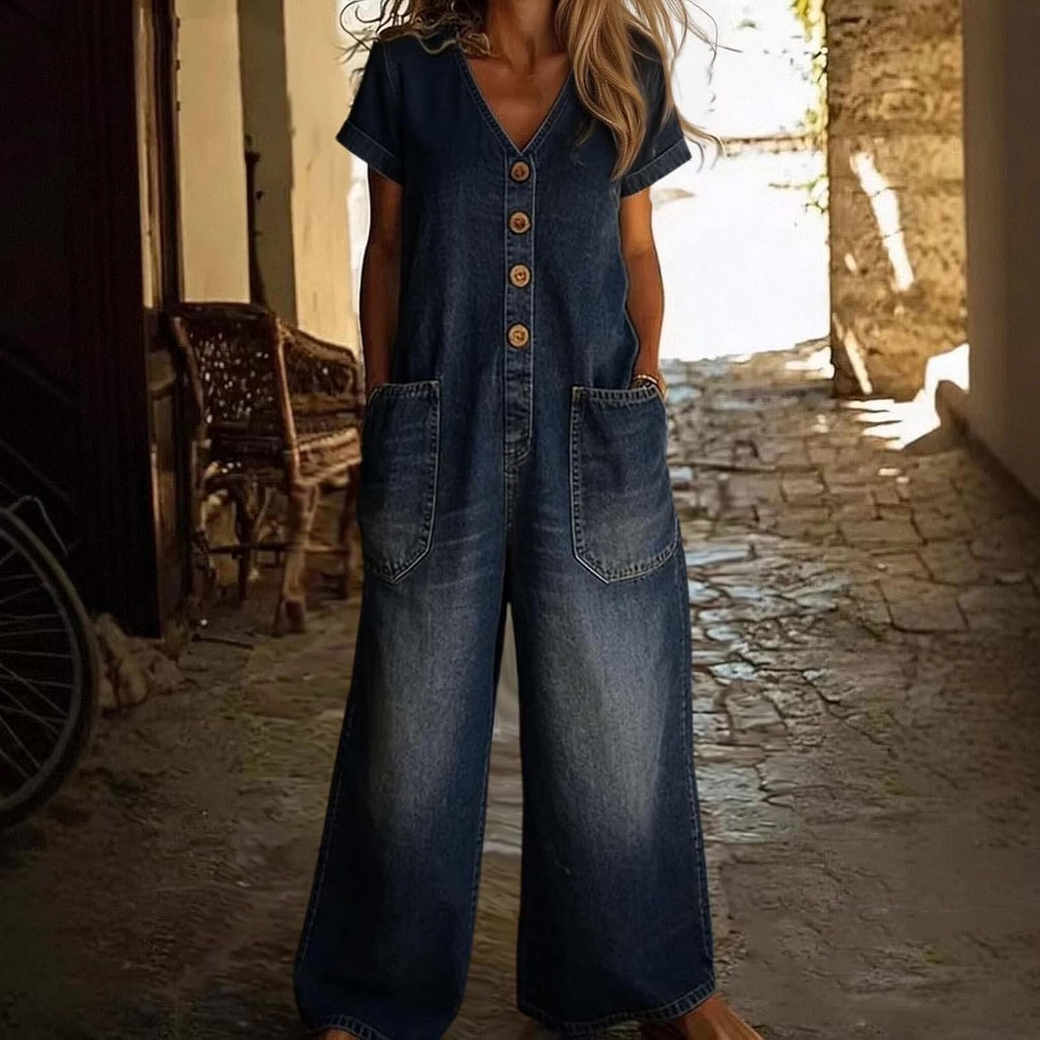 Blue Jean Jumpsuits For Women Denim Short Sleeve Button Down Lapel Shirt Wide Leg Romper With Pocket Casual Overall
