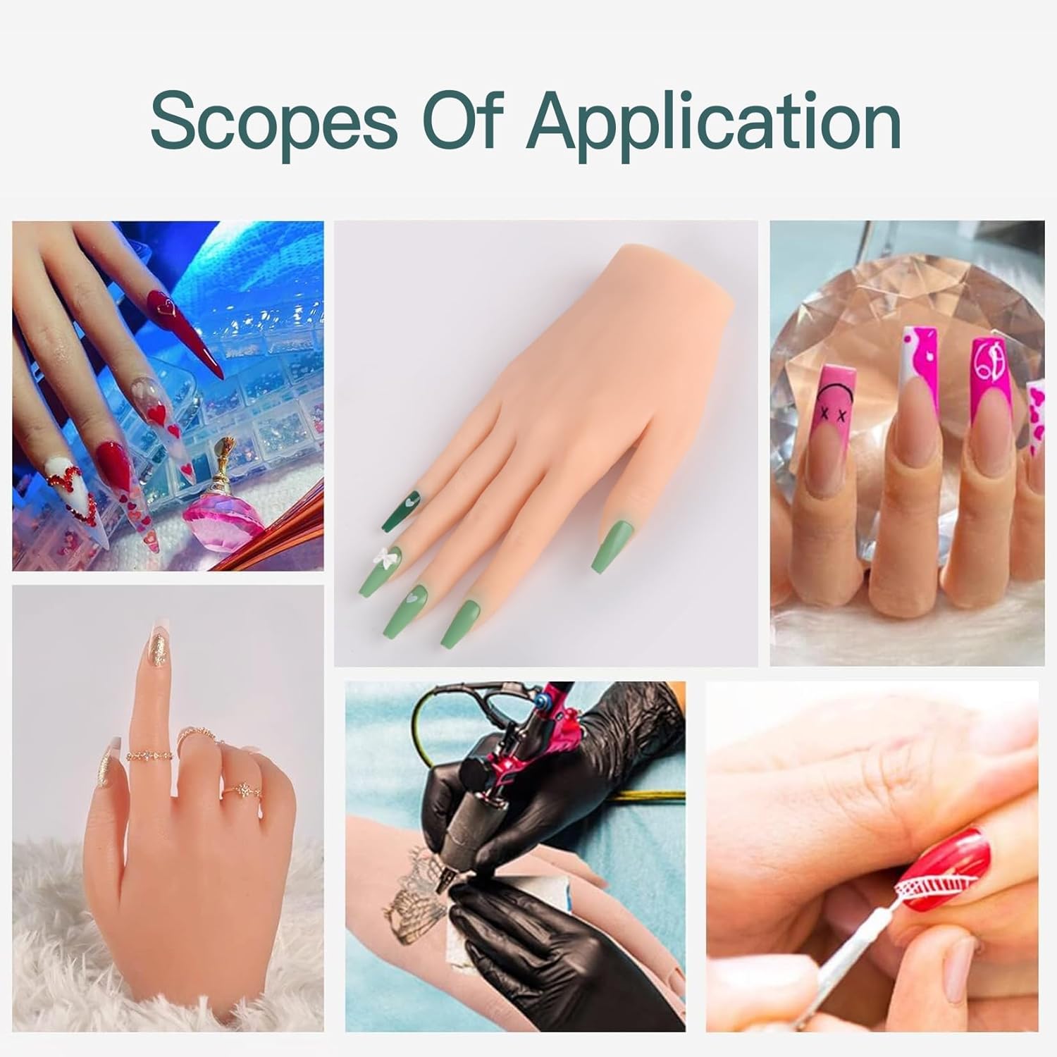 Flexible Bendable Silicone Practice Hand for Acrylic Nails, Soft Realistic Mannequin Hand with 528 Pcs Nails for Nail Art Jewelry Display Salon DIY Accessory (Tan,7.7in-Pair)