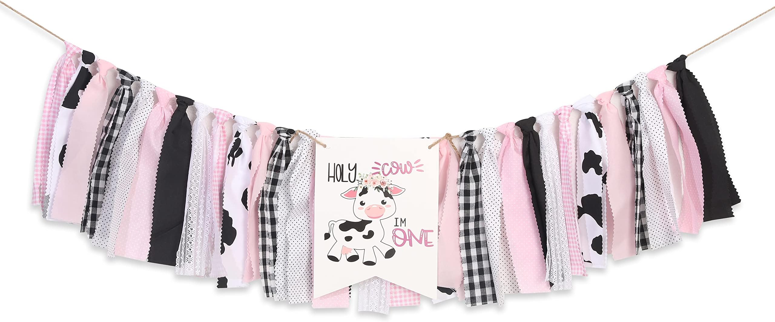 Holy Cow I'm One 1st Birthday High Chair Banner, Farm Themed, Pink, Adjustable Size