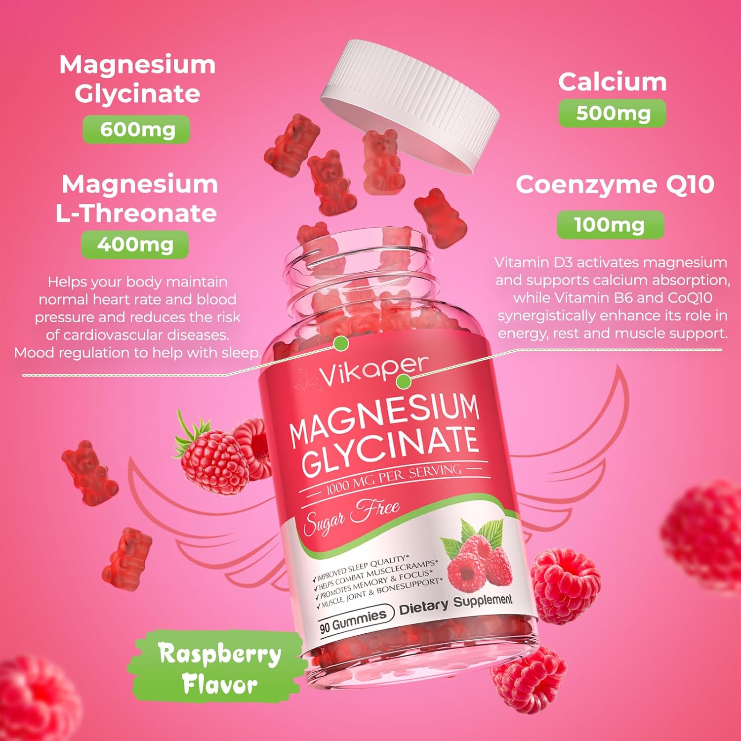 Magnesium Glycinate Gummies 1000mg Sugar Free - Magnesium L-Threonate with Calcium, VIT D3, B6, CoQ10 & Potassium - High Absorption for Sleep, Leg Cramps, Calm Mood & Memory - 90 Raspberry Gummies - Image 2