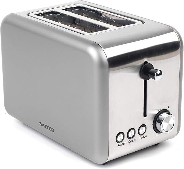 Salter EK2652TITANIUM Metallic 2-Slice Toaster, 850W, Titanium, 6 Levels Of Variable Browning, Wider Slots For Thicker Bagels, Crumpets, Teacakes & Pancakes, Defrost/Cancel & Reheat Functions