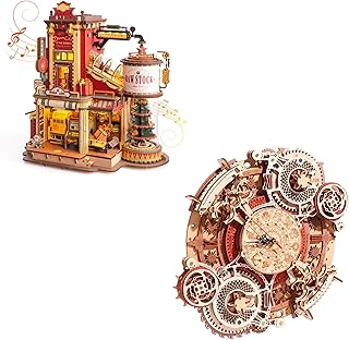ROBOTIME 3D Wooden Puzzles for Adults, Factory Wooden Music Box EAB01& ROBOTIME 3D Wooden Puzzles, Models for Adults to Build Wooden Steampunk Clock Kit