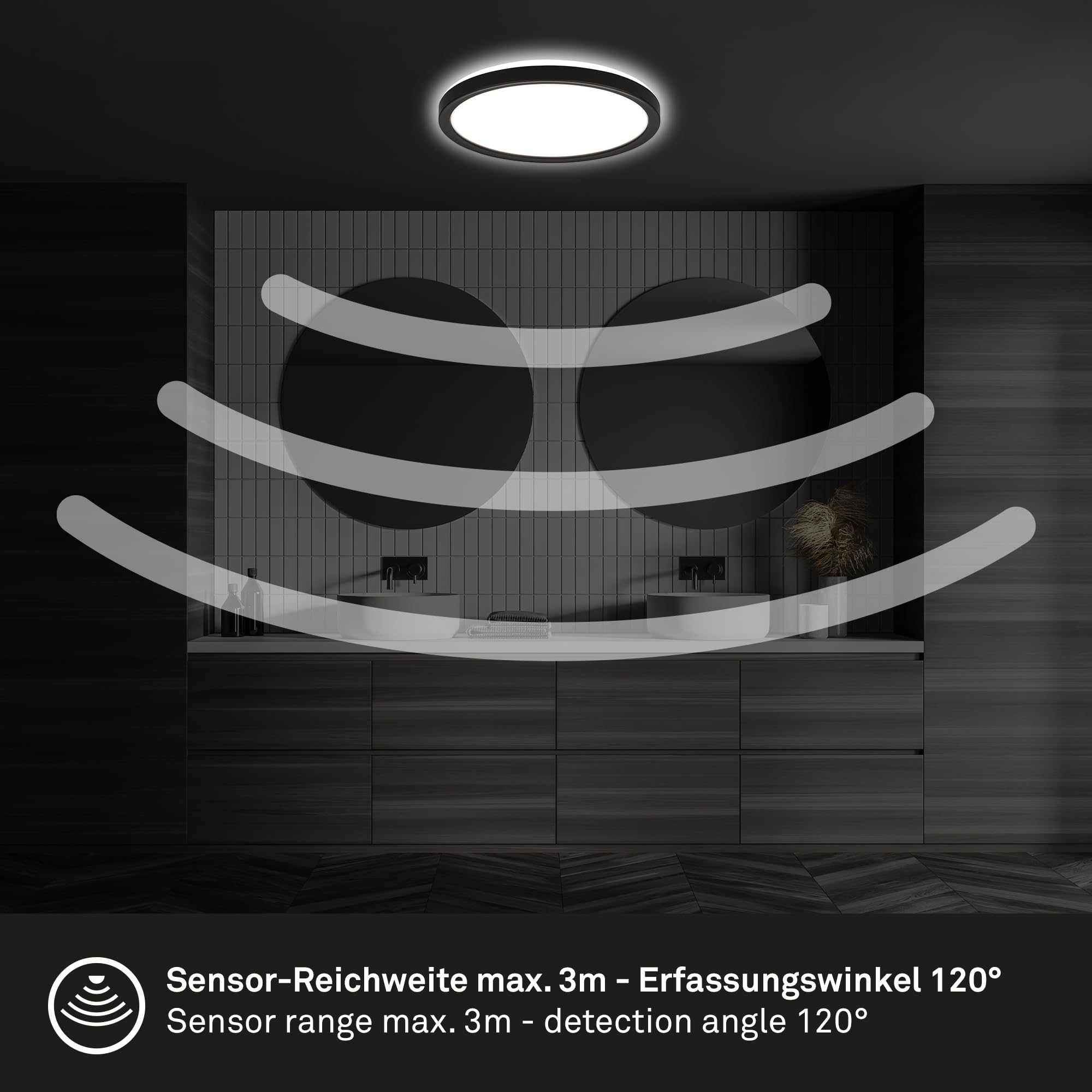 BRILONER - Lámpara de techo LED con detector de movimiento 3m de alcance IP44, color de luz blanco neutro, lámpara de baño, 24x3 cm, negro