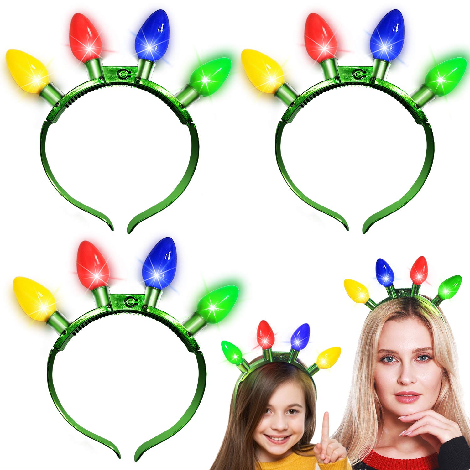 3 Pack Christmas Light Up Bulb Headband Led Glow Christmas Headbands for Kids Adults Christmas Xmas Accessories New Year Eve Party Favor Supplies Funny Novelty Gifts