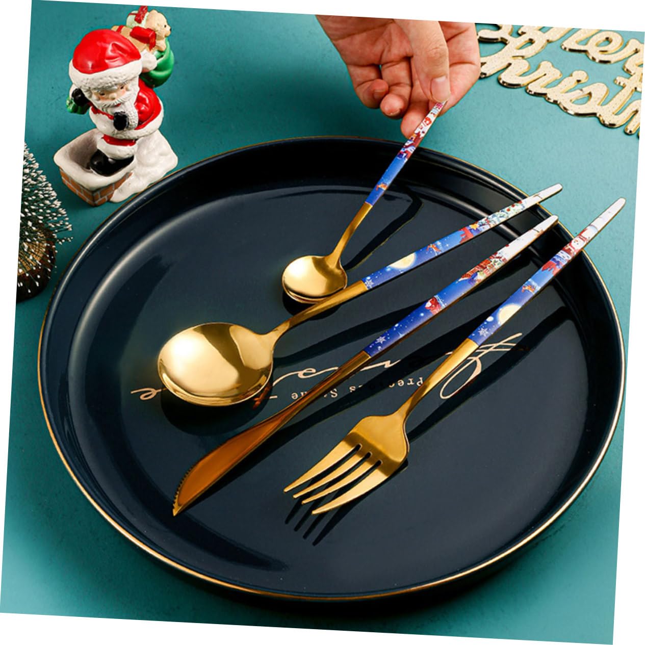 SHOWERORO 4juegos Cubiertos De Inoxidable para Navidad Cuchara Tenedor y Cuchillo Utensilios De Mesa Diseño Temático para Comidas Festivas y Banquetes De Navidad