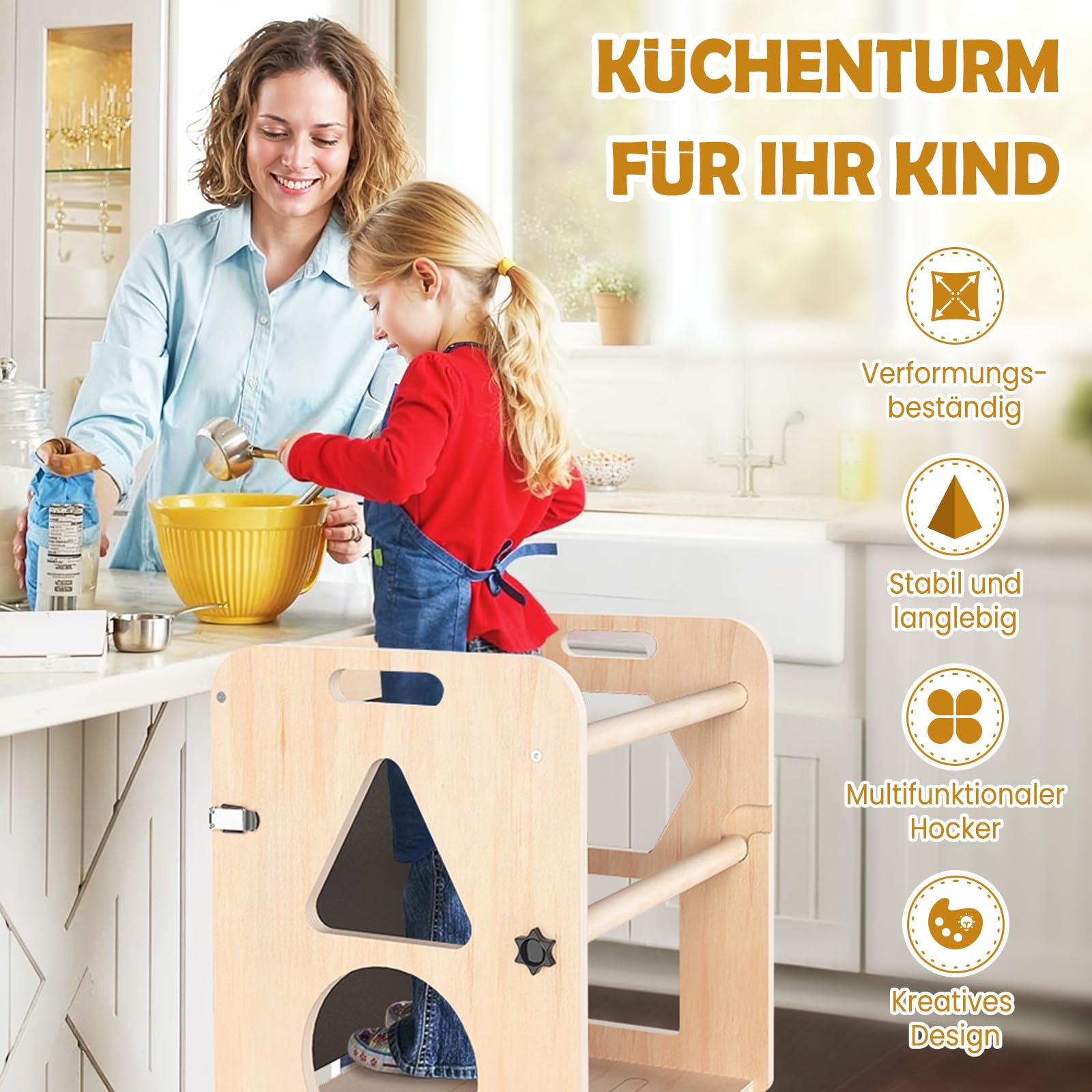 Woodure Lernturm ab 1 Jahr | 3 in 1 Learning Tower für Kinder | Klappbare Tritthocker mit Tafel | Lernturm Für Kinder, für Küche Tisch Bad