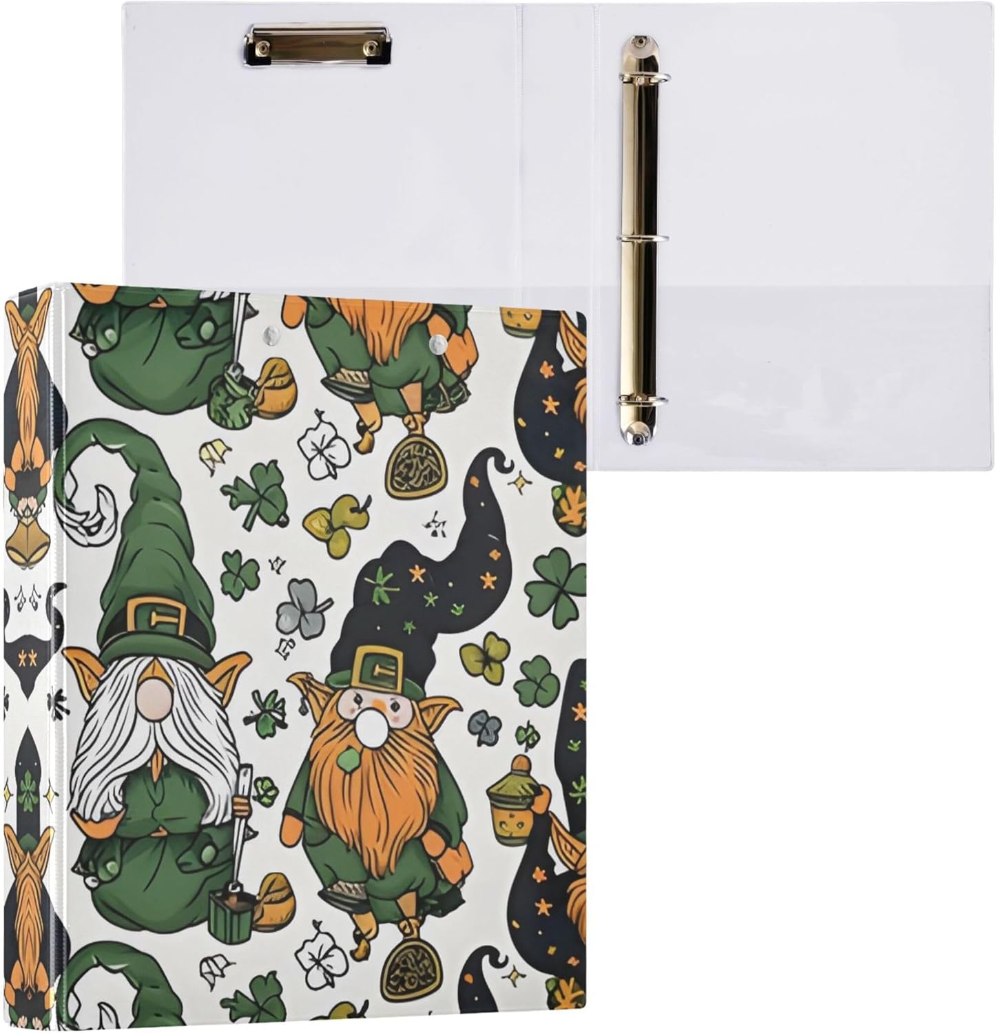 St. Patrick's Day Gnomes 3 Ring Binders, 1.5” Round Ring Binders with Clipboard - Letter Size, 3 Interior PVC Clear Pockets & Anti-Slip Clip for Office School Supplies, 2PCS