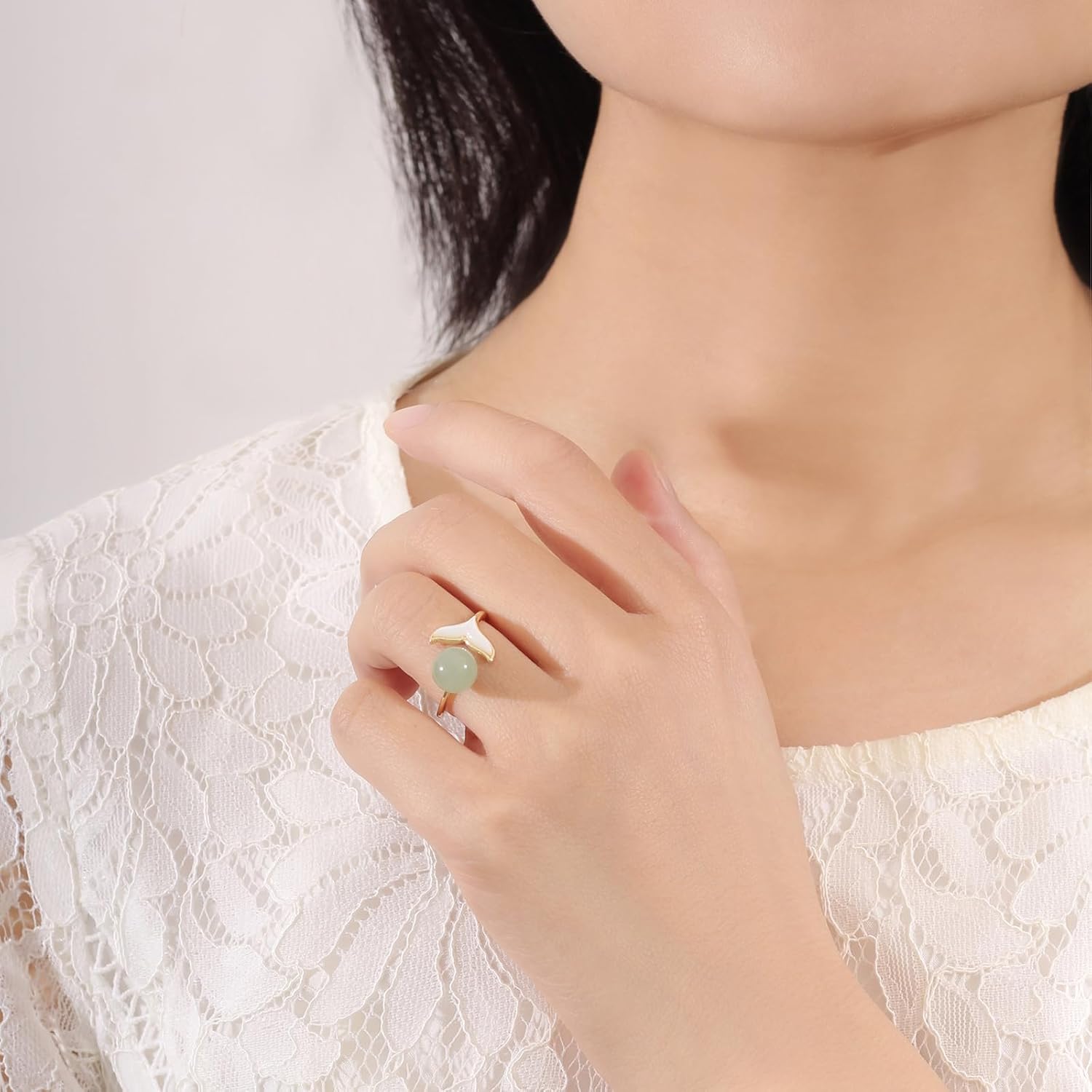 Natural Hetian Jade Ring for Women, Dainty Lucky Green Jade Finsh Tail Rings Handmade Adjustable Band Jewelry Gift for Valentine and Mom (925 Sterling Silver with Gold Plated) - Image 4