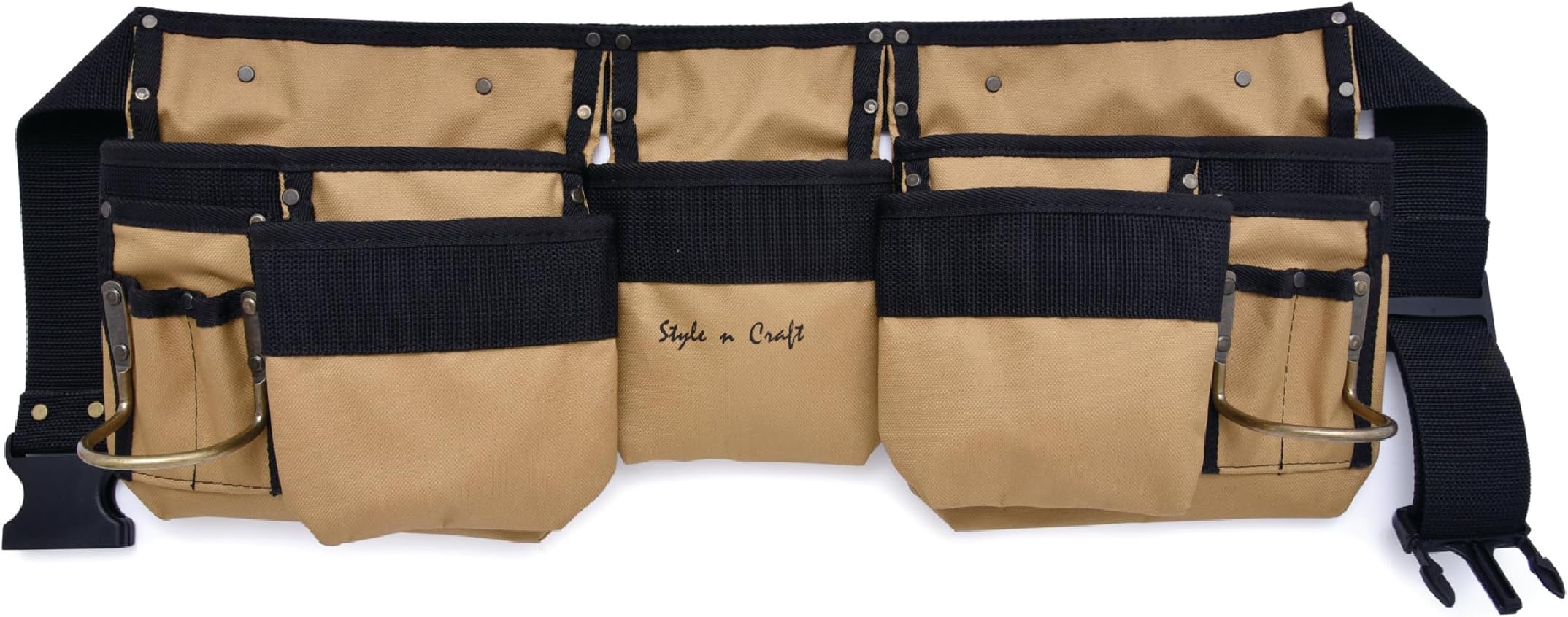 Style n Craft 11-Pocket Carpenter’s Tool Belt, Heavy-Duty 600D Polyester Tool Belt with 3 Pouches and 2 Hammer Holders, Khaki and Black (76425)