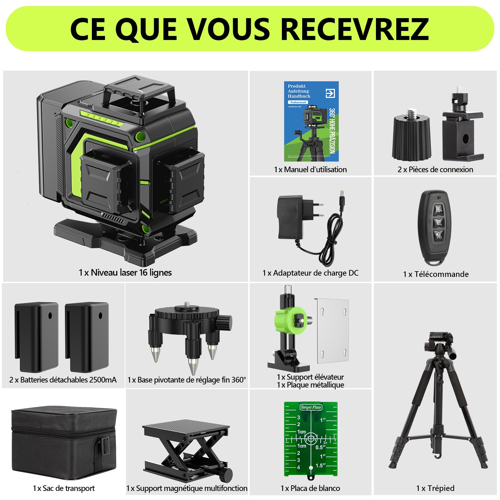 Nivel Laser Autonivelante 360 Grados con Trípode, Nivel Láser Verde 16 Líneas, 2 x 360 Horizontal y 2 x 360 Verticales, 2 x Batería, Montaje en Pared, Control Remoto, Base Magnética, Soporte Giratorio