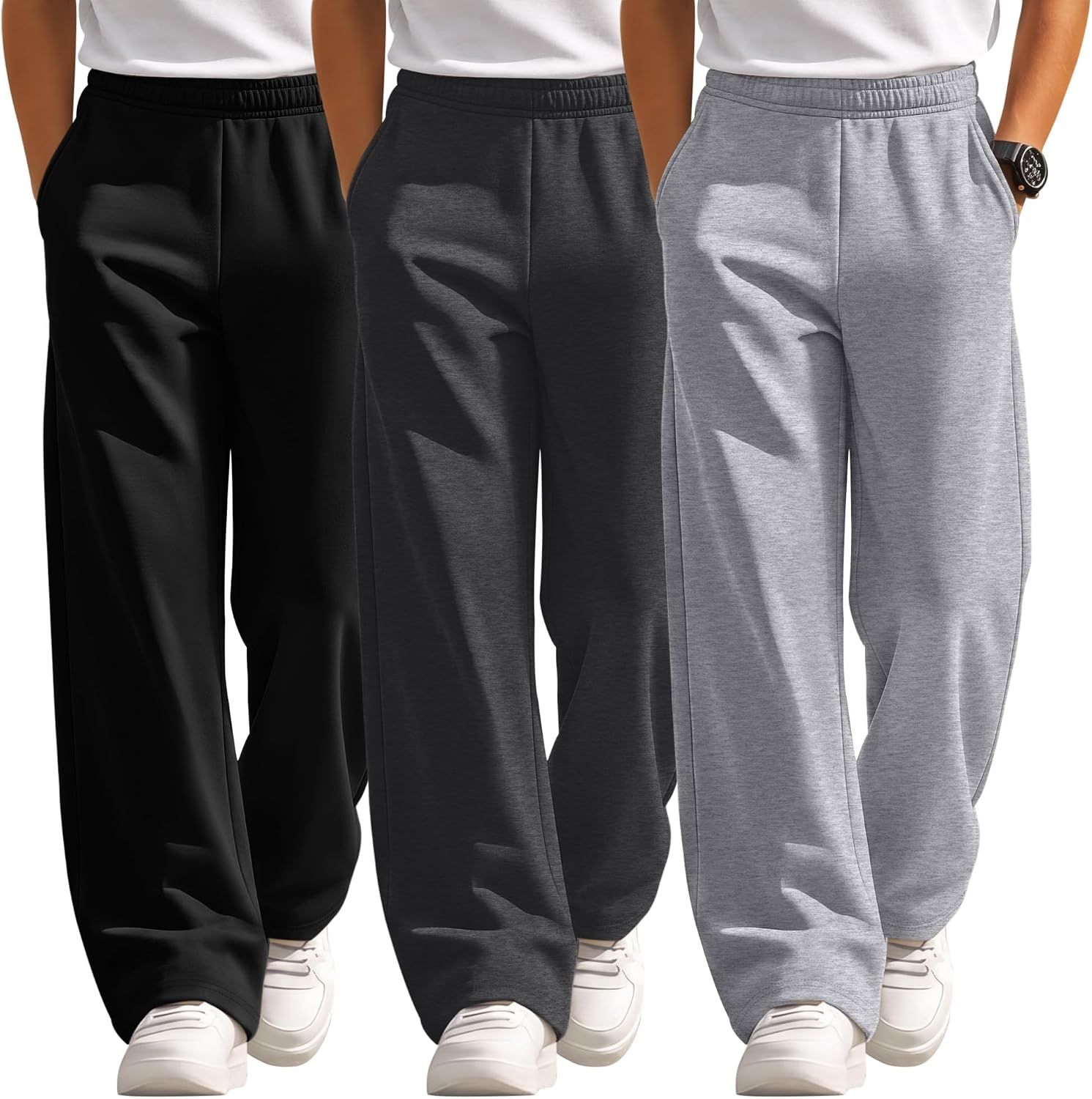3 Pack Boys Baggy Sweatpants Kids Wide Leg School Uniform Athletic Jogger Youth Open Bottom Pants with Pockets
