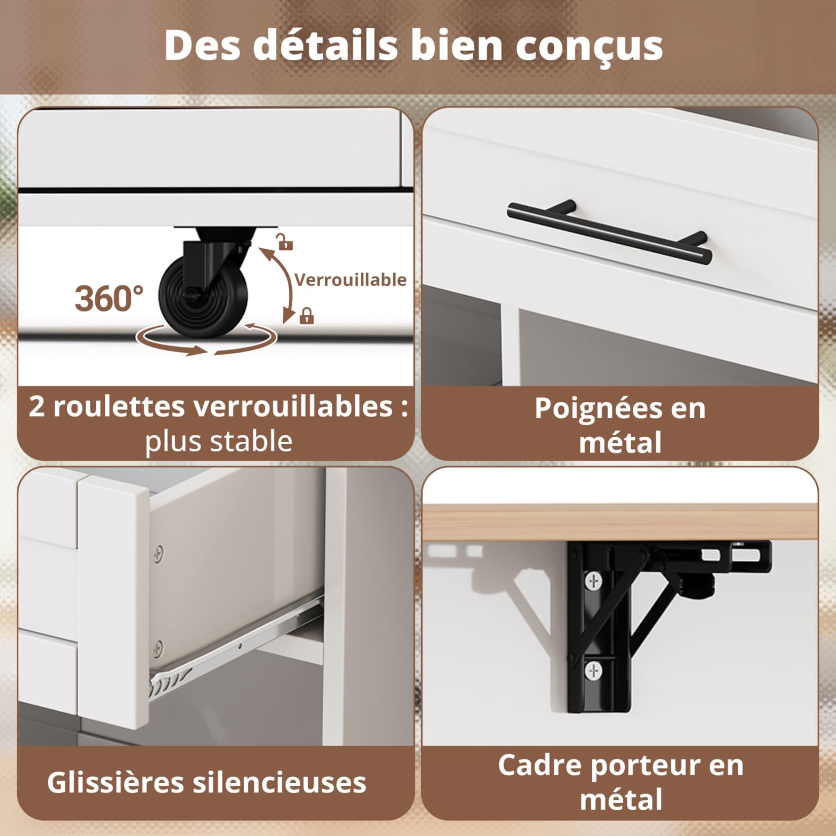 Îlot Central Cuisine avec Porte-Bouteille,Plan de Travail(D-Blanc) | Porte-Verres à vin,2 Tiroirs,Étagères Réglables,Étagère à épices,pour Cuisine