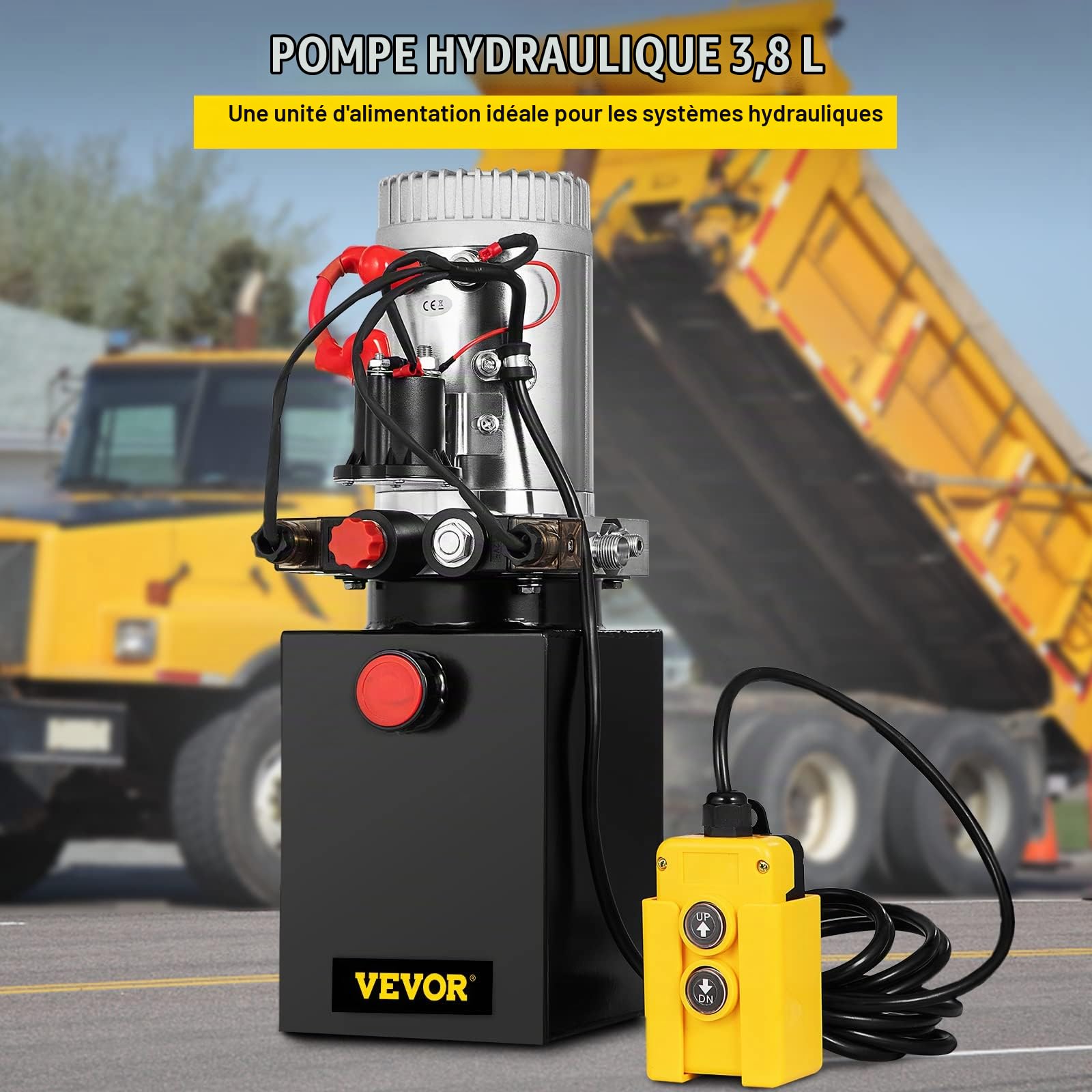 VEVOR Pompe Hydraulique 12 V 4 L, Pompe Hydraulique Remorque Double Effet, Réservoir en Métal Démarrage Rapide Débit d'Huile Rapide Aucune Fuite, Remorque Élévateur à Ciseaux