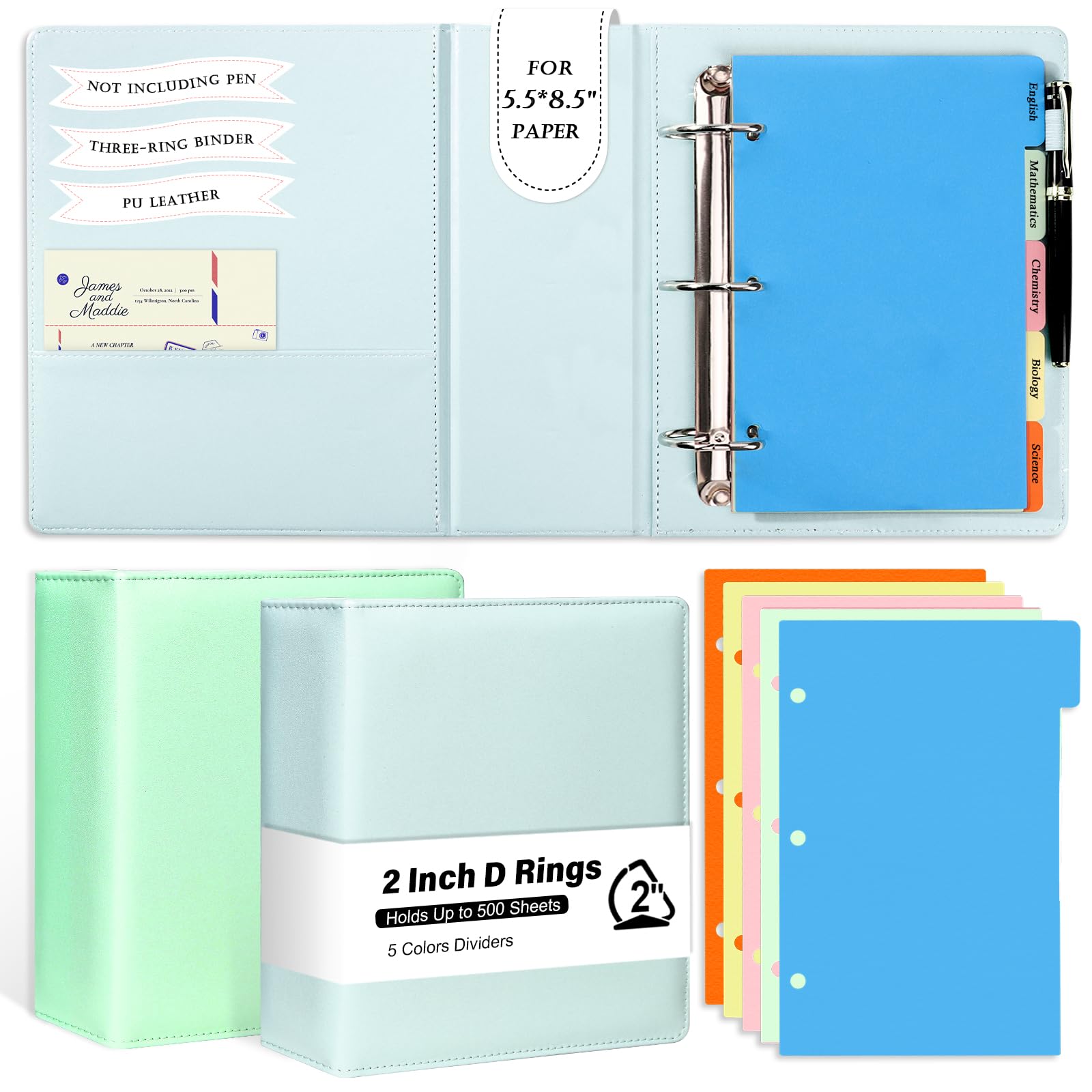 Photo 1 of 2 Pack 3 Ring Binder Junior Size Pu Leather Binder 2 Inch D Rings with 5 Colors Dividers 5.5" x 8.5" Holds Up to 500 Sheets with Pen Loop Pocket Small Binder for Office School 8x9.65x3inch