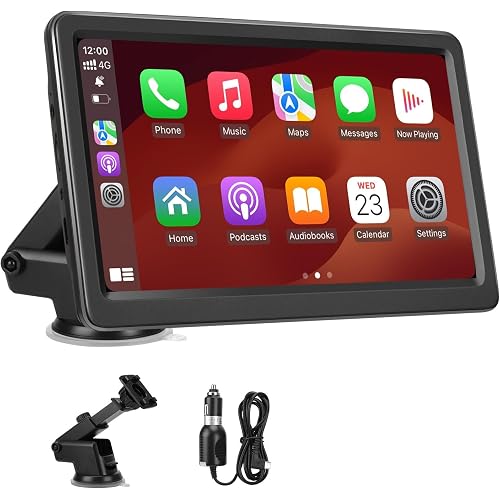 Carplay Screen for Car, 7" Wireless Carplay & Android Auto, Portable HD Touchscreen with Mirror Link, GPS Navigation, Voice Control, Hands-Free Calling, Bluetooth/AUX/FM, Plug & Play Car Play Screen