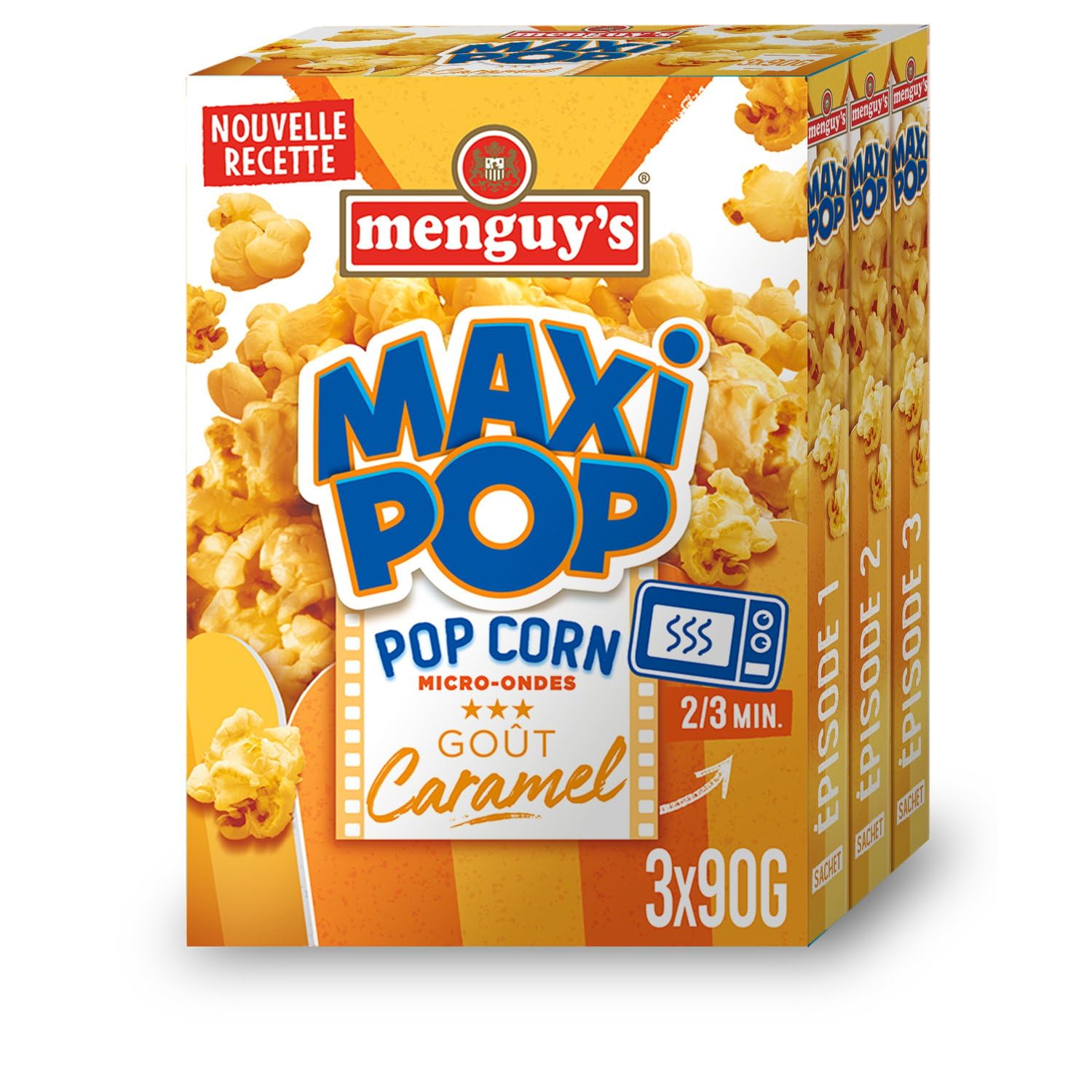 MENGUY'S - Pop-Corn au Caramel Micro-Ondes - Maxi Pop · Prêt en 2 à 3 Minutes · Le Pop Corn Maison Facile · Parfait pour une Soirée Cinéma en Famille - les 3 sachets de 90 g - 270g - Le Lot De 4
