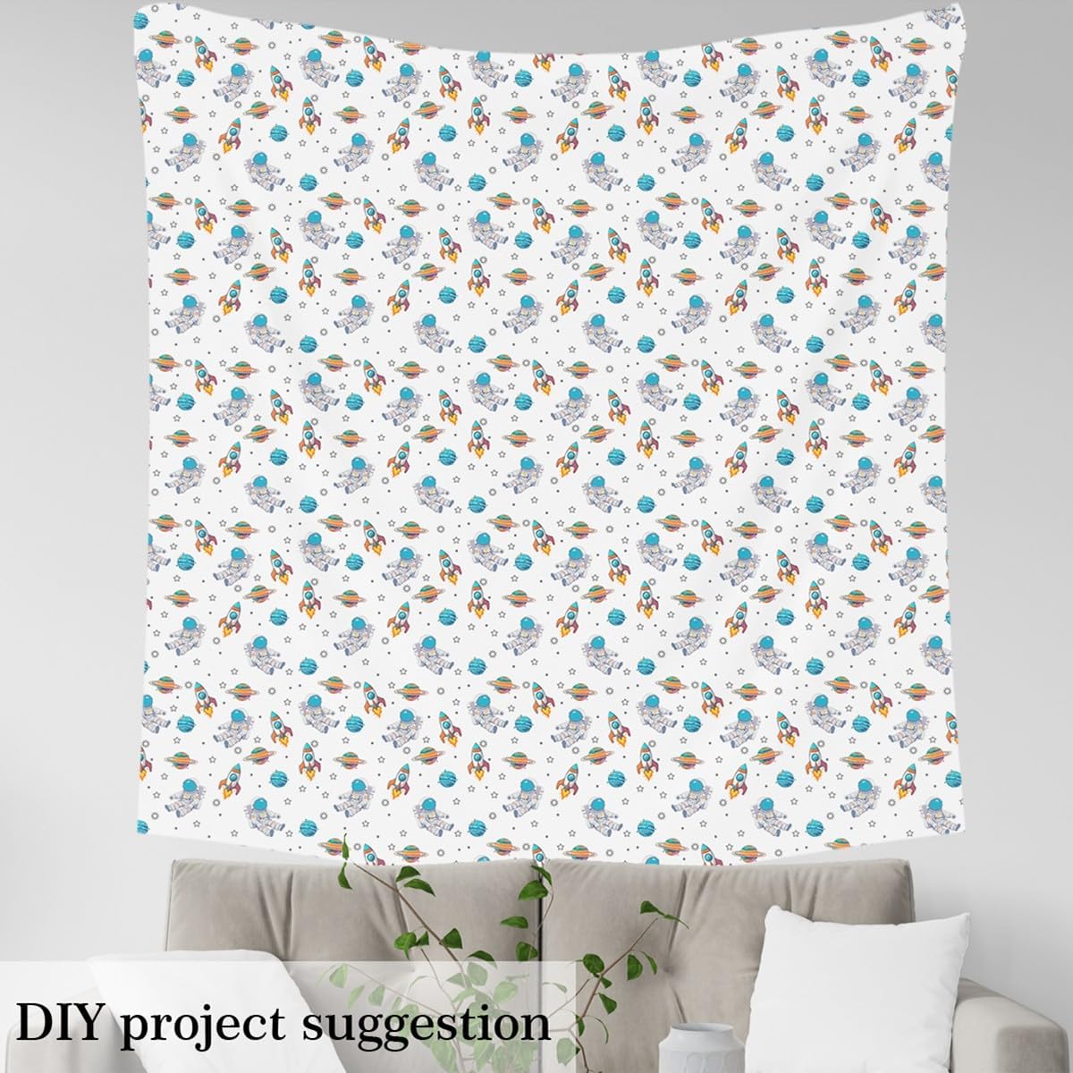 Cartoon Astronaut Fabric by The Yard,Boys Kids Rocket Planet Upholstery Fabric,Stars Dots Galaxy Decorative Cloth for Upholstery,White Gray Blue Crafts & Sewing Supplies DIY Fabric,5 Yards