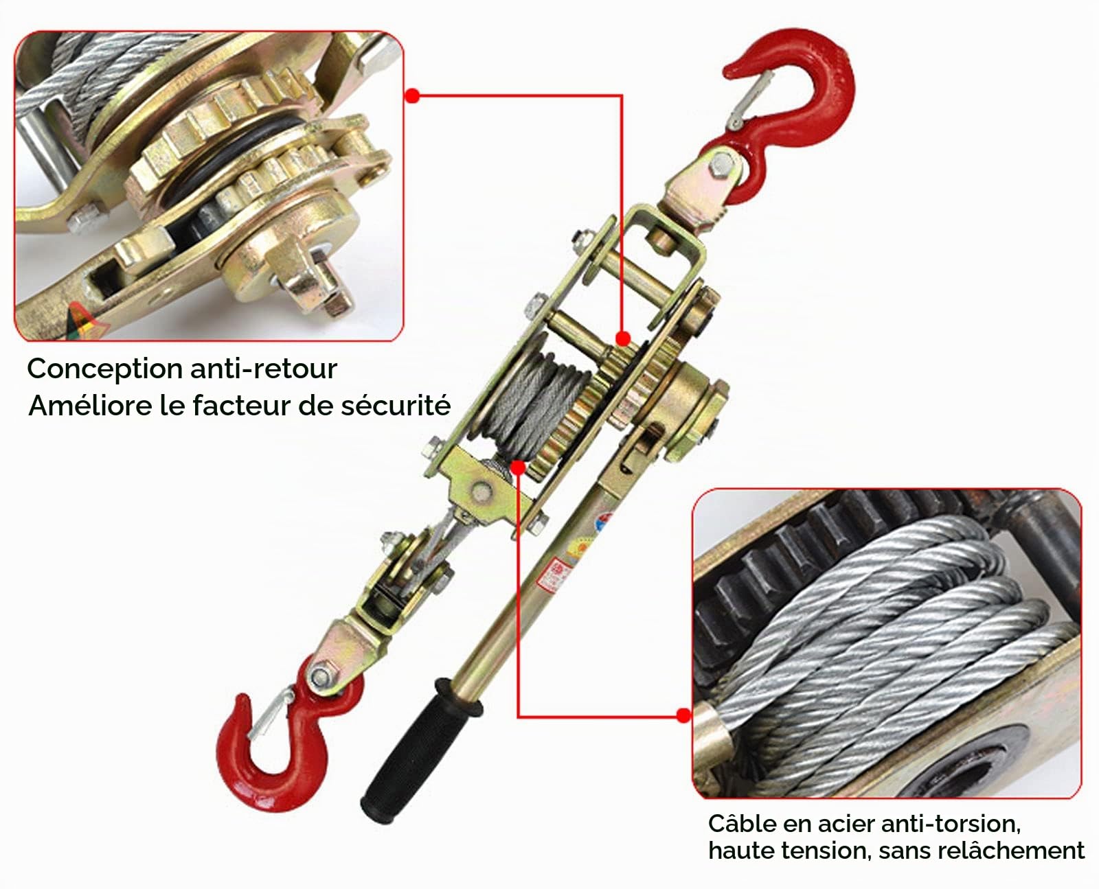 Treuil Manuel Horizontal, Tire Fort 2-3-4 Tonnes pour Forestier Bande Annonce, Palan à Levier Extracteur de Treuil avec 2 Crochets, Conception Anti-Retour+Poignée Antidérapante