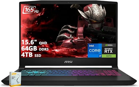 msi Katana 15 HX Gaming Laptop | 15.6" QHD 165Hz 100% DCI-P3 | Intel Core i7-14650HX >i9-12900H | 64GB DDR5 4TB SSD | GeForce RTX 5070 Up to 798 AI Tops | RGB Keyboard Win11 w/DLCA Accessory