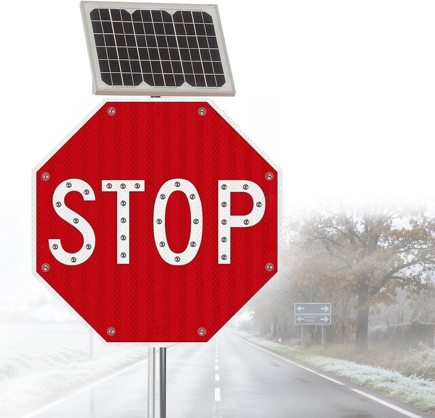 LED Flashing Solar Stop Sign - 24in Aluminum Traffic Warning Sign with Reflective Film for Pedestrians - Enhanced Visibility & Safety for Road Users