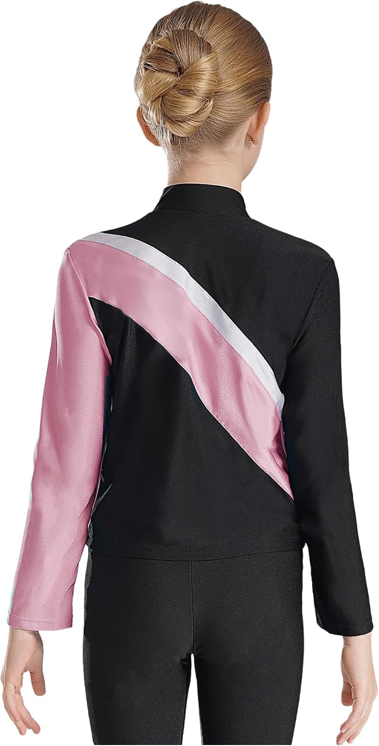 Kaerm Kids Girls Long Sleeve Stand Collar Jacket Zipper Sweatshirt Figure Ice Skating Tops Yoga Running Activewear