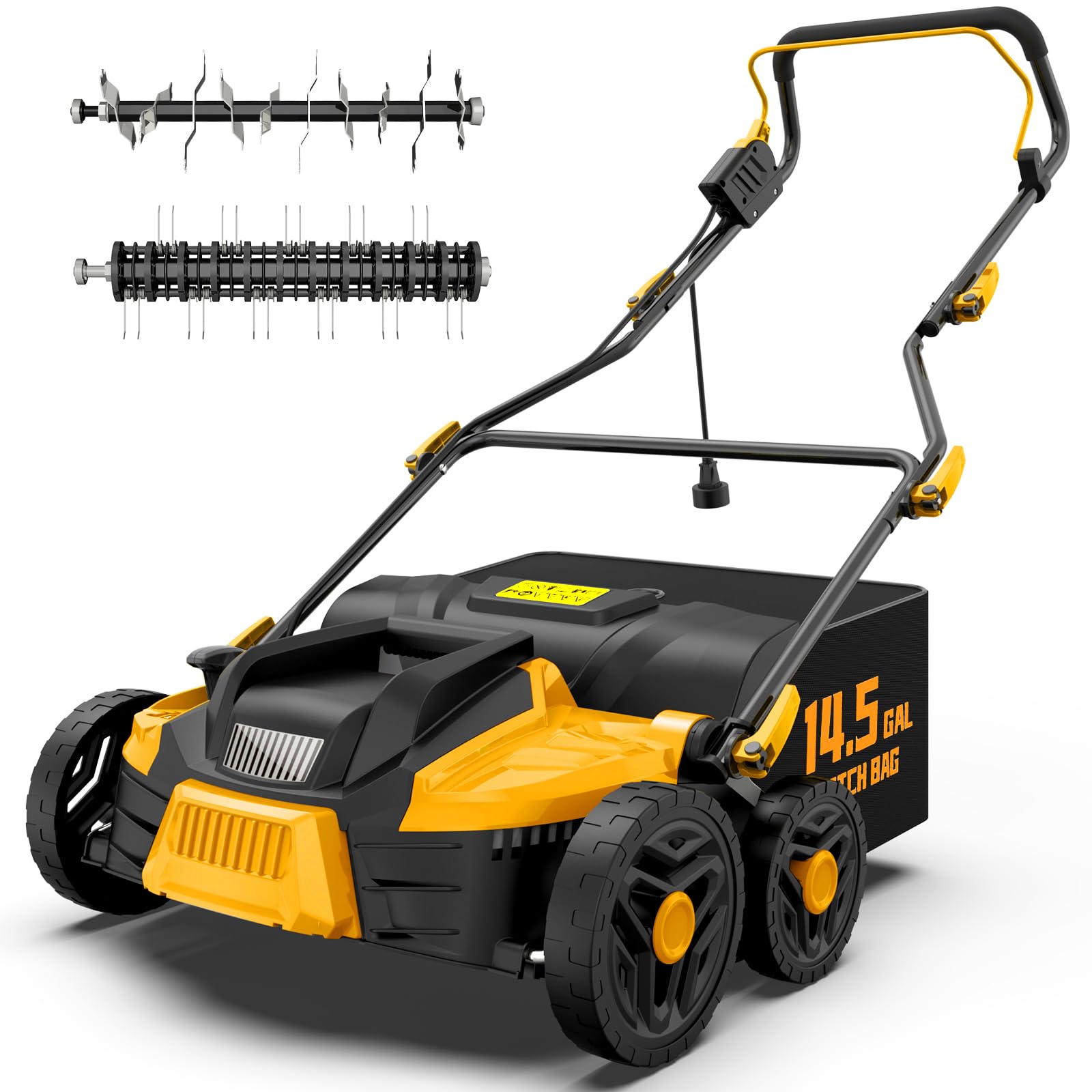 TIECTOWN 16-Inch 15.5 Amp 2-in-1 Electric Dethatcher and Scarifier, Lawn Dethatcher Rake with 14.5-Gallon Removable Thatch Bag, 5-Position Adiustment, Quick-Fold, Keeps Lawn Healthy - Yellow