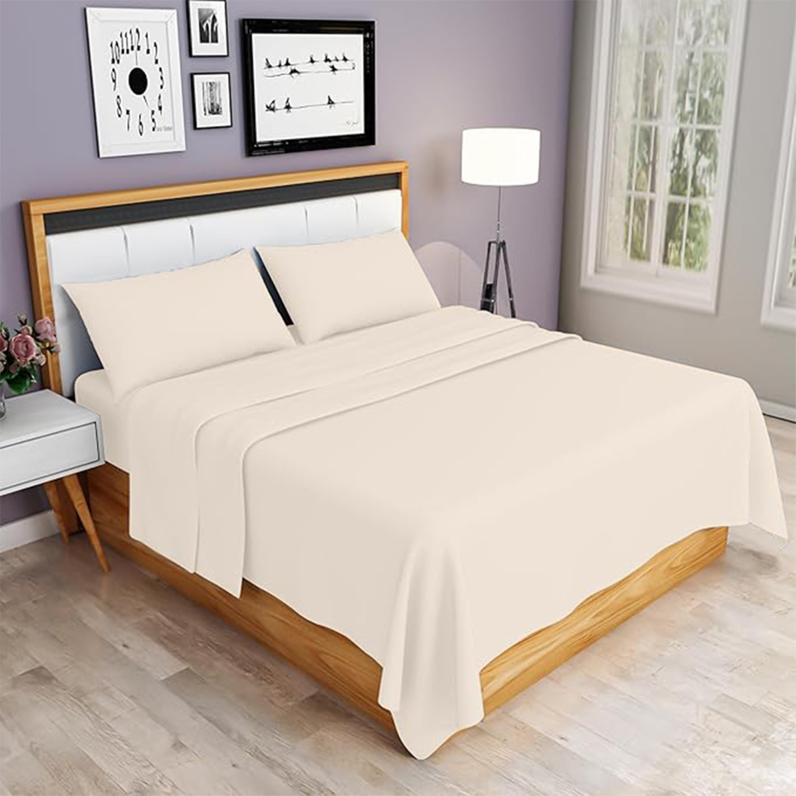Rohi Cream 4 Piece Brushed Cotton Flannelette Sheets & Pillowcases Set – Includes 1X Fitted Sheet, 1X Flat Sheet, & 2X Pillowcases – Soft & Cozy Brushed Cotton Sheets Set (Super King, )