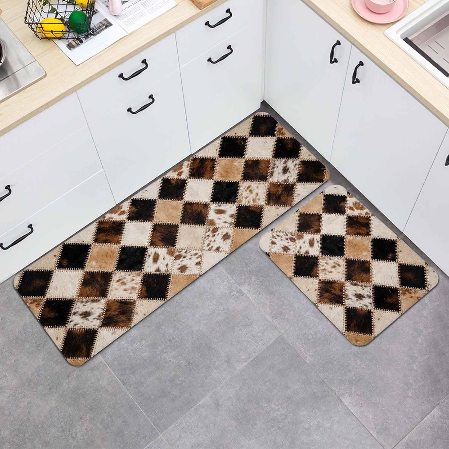 Diamond Hide Kitchen Mat Set 2 Pieces Rustic Vintage Abstract Brown Black Cream Diamond Plaid Non Slip Kitchen Rugs Washable Runner Rug Mats for Floor Sink Laundry Office 15.7" x 23.6"+15.7" x 47.2"