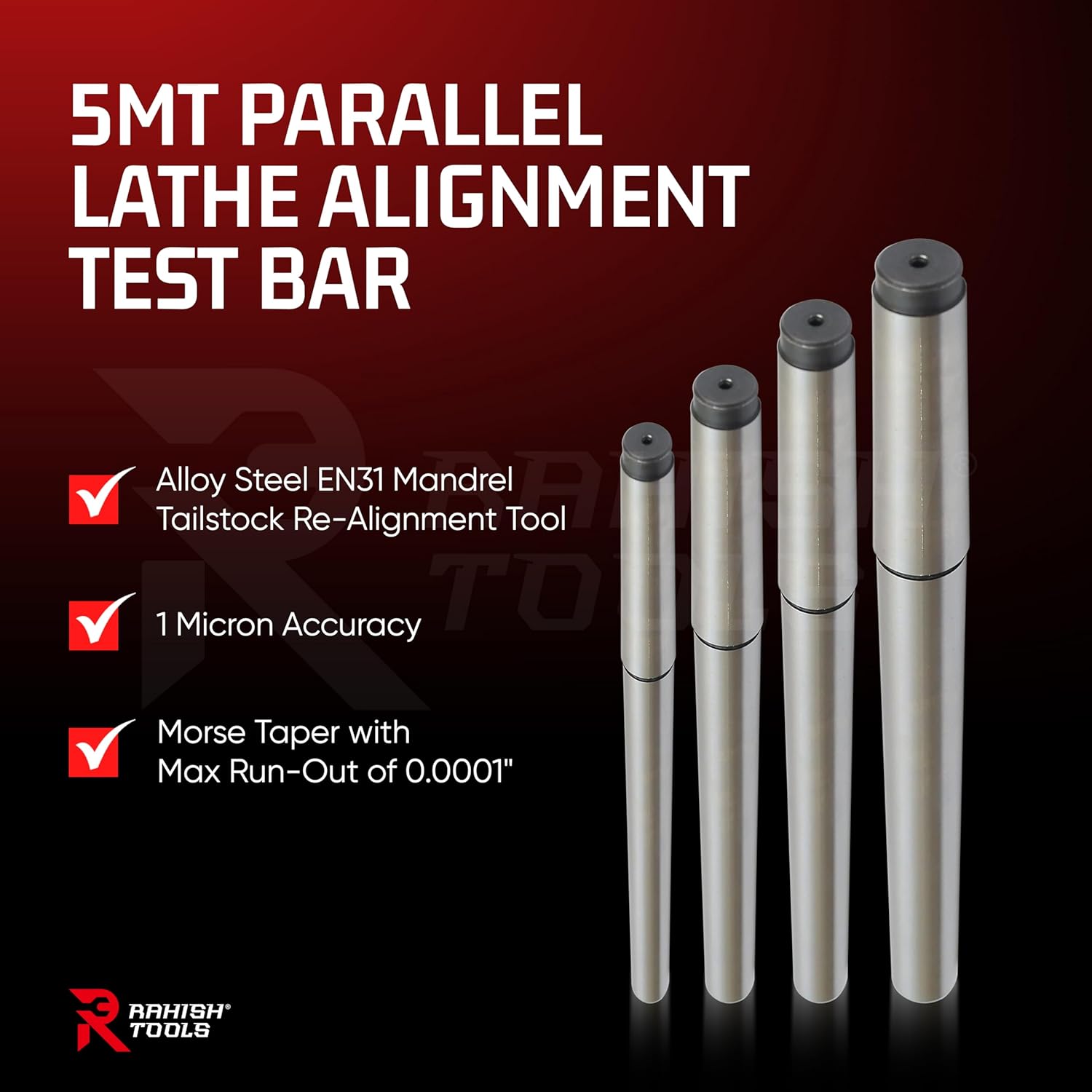 4MT Parallel Lathe Alignment Test Bar with High Precision Bar Alloy Steel EN31 Mandrel - Tailstock Re-Alignment Tool with 1 Micron Accuracy & Morse Taper with Max Run-Out of 0.0001"