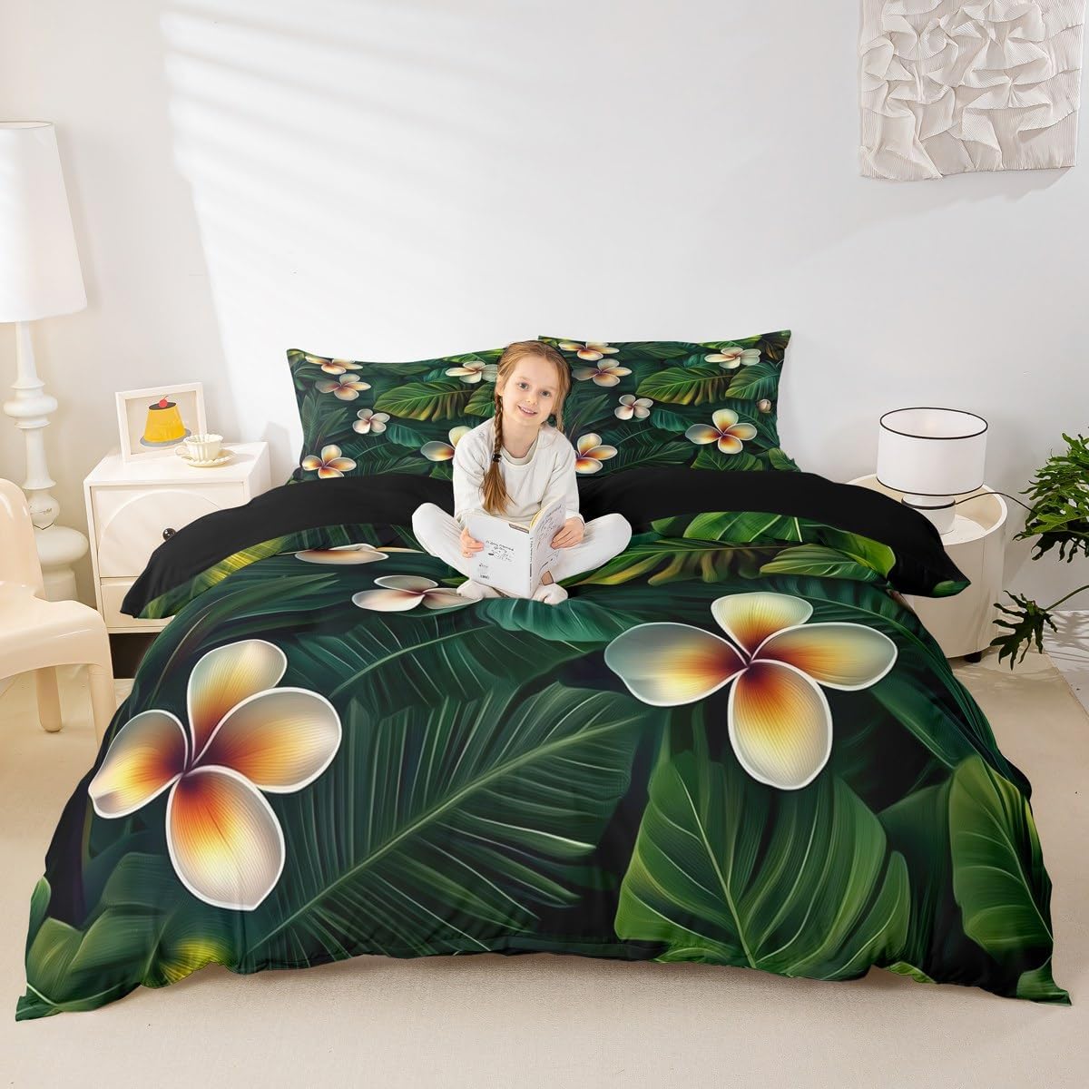 jejeloiu Tropical Plants Leaves Bedding Set Toddler Size Palm Leaf Flower Hawaiian Duvet Cover for Boys Girls Palm Leaf Comforter Cover Soft,No Comforter