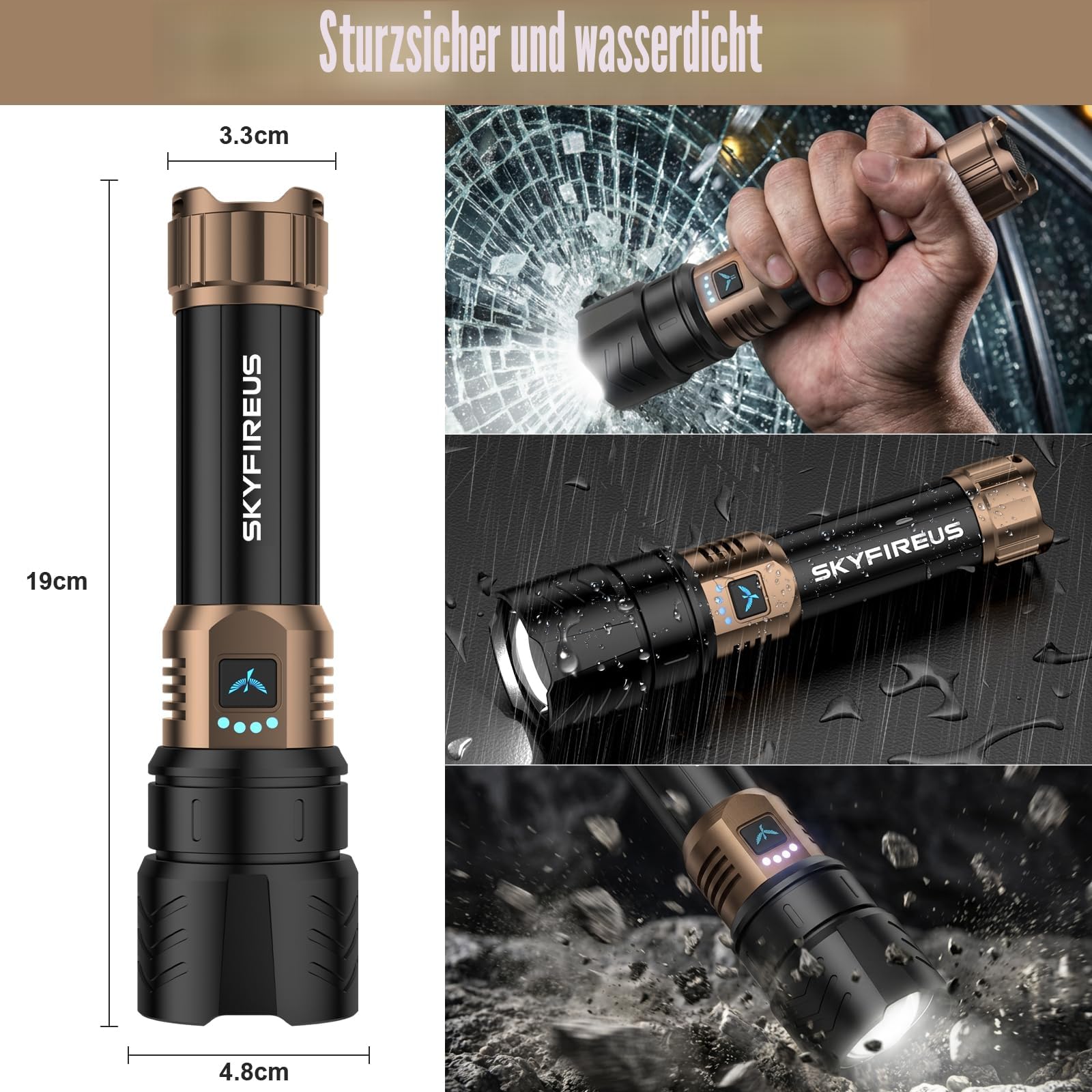 SKYFIRE Taschenlampe LED Aufladbar 5000 Lumen, Taschenlampen extrem hell Zoombar mit Feuerzündungs-Linse für Camping & Notfälle, 4 Helligkeitsstufen, Wiederaufladbare mit Powerbank-Funktion