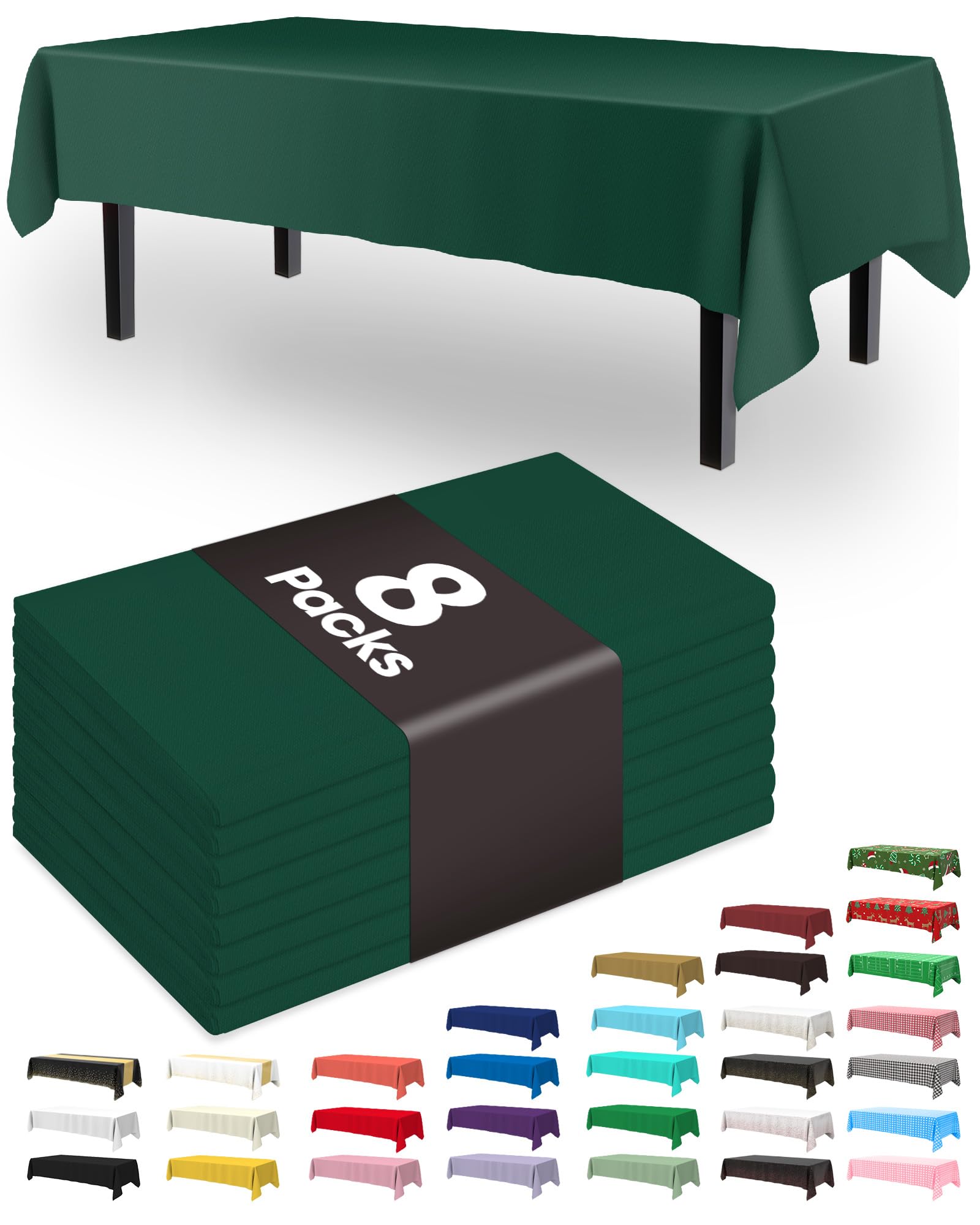 Pureegg Plastic Table Cloth Disposable 8 Pack, 54 x 108 Inch Table Cloths, Easter Party, Picnic, Wedding, Decorative Tablecloths, Rectangle, Plastic Cover, Leakproof &amp; Sturdy, Emerald Green