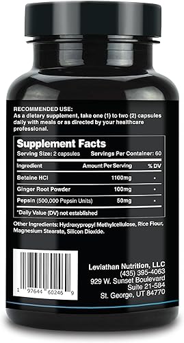Miniatura 3 de Leviathan Betaine HCl con Pepsina y Jengibre - Suplemento de enzimas digestivas para ayuda y apoyo a la digestión, ácido estomacal y absorción de