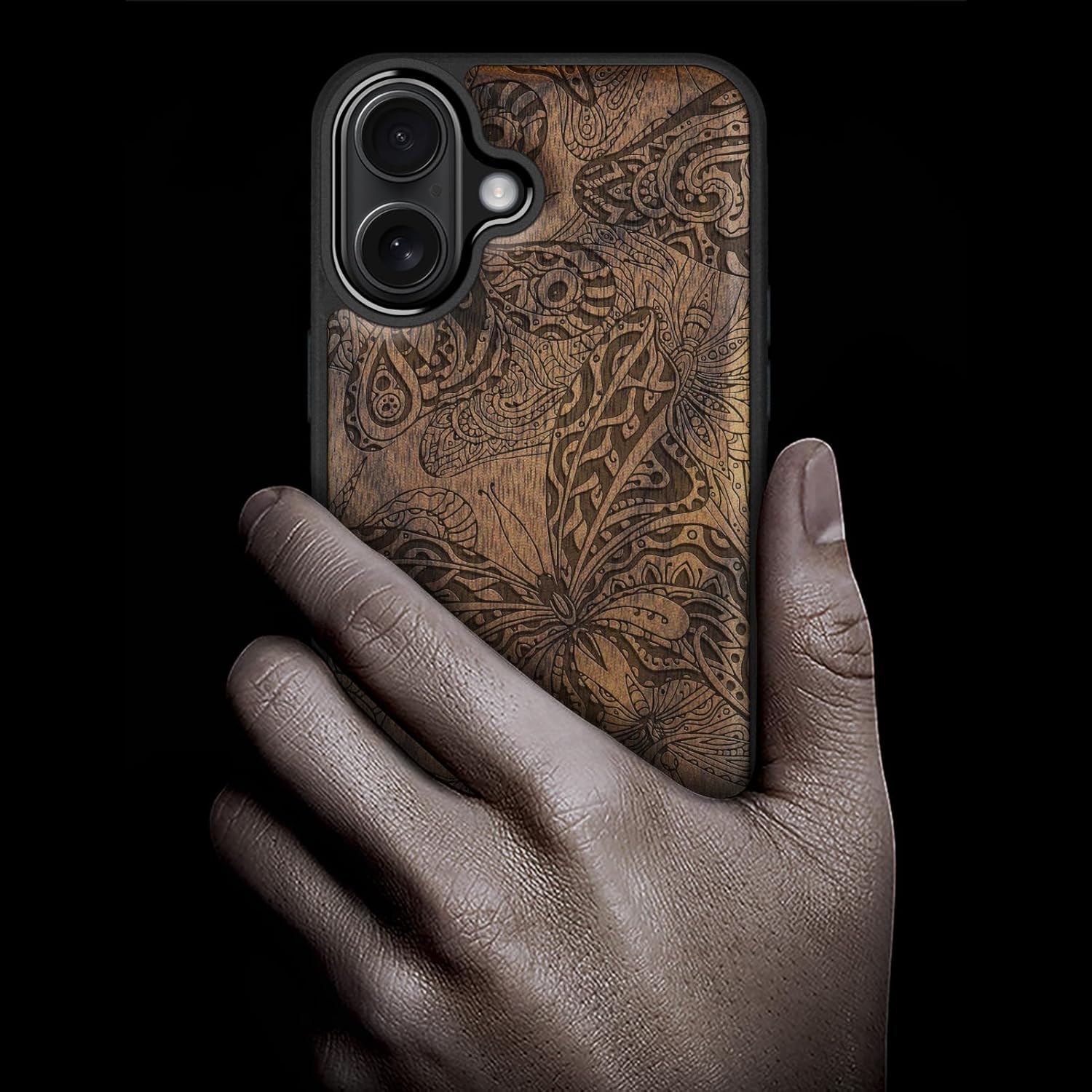 Carveit Magnetic Wooden Case for iPhone 17 Case, Wood Artisan Engraved & Black Soft TPU Shockproof Cover, Compatible with MagSafe Wireless Chargers (Ethereal Butterflies) Walnut