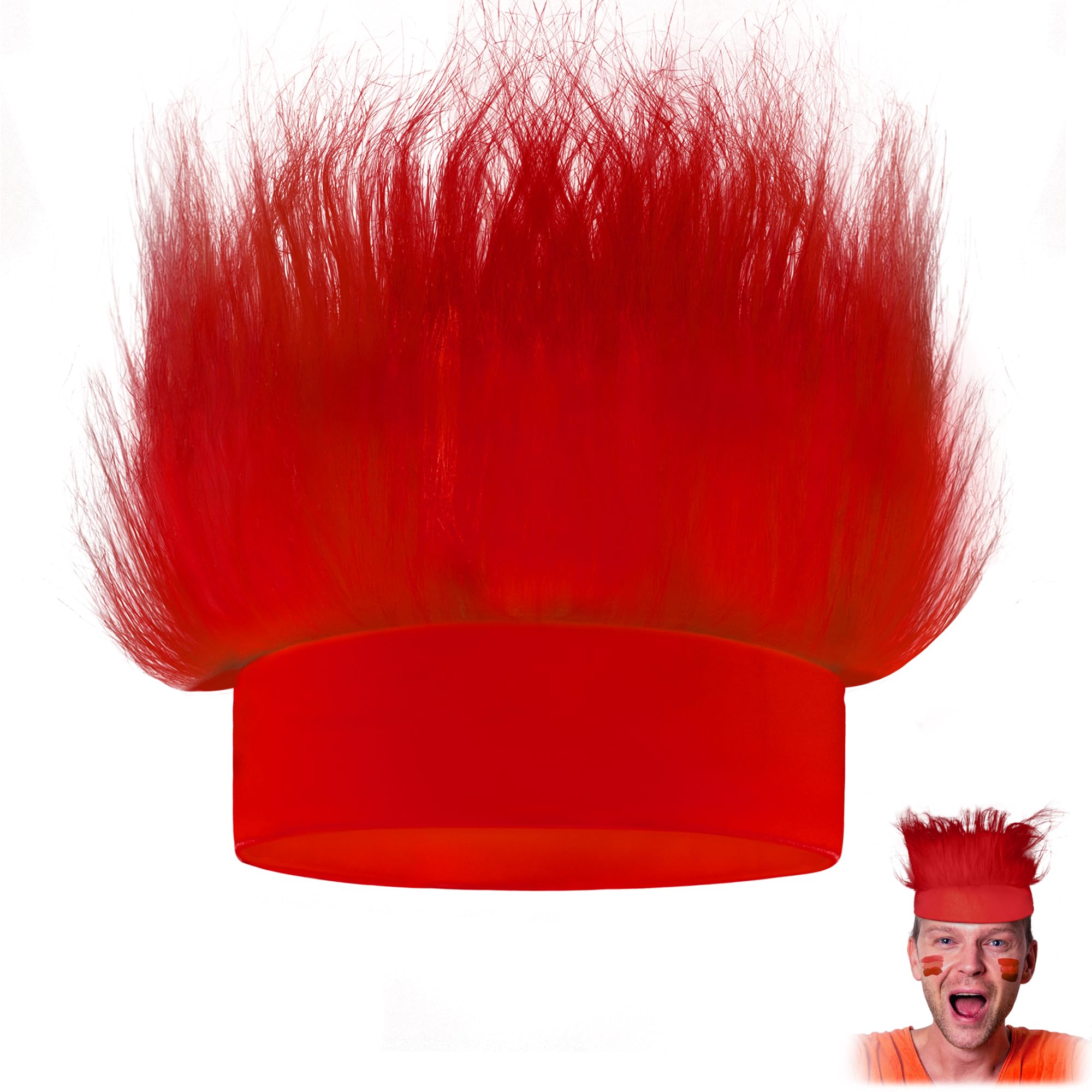 Novelty Place Red Hairy Costume Headband - Fun and Fuzzy Crazy Hair Wig Troll Hair Costume Accessories - Perfect for Sports Parties, Costume, Cosplay, and Halloween - Fit Kids, Teens and Adults
