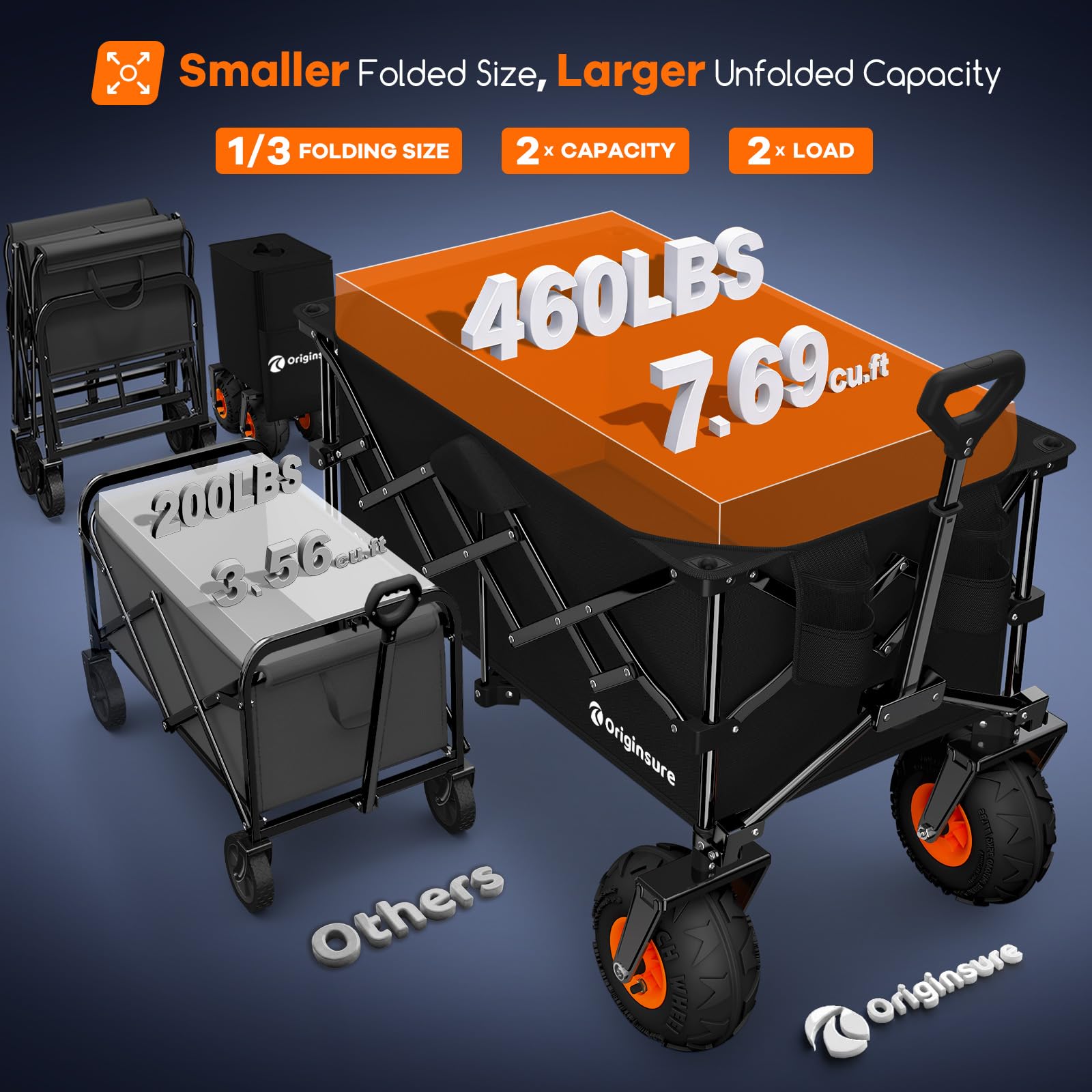 Carrello da spiaggia pieghevole, lungo 96,5 cm, con grandi ruote per palloncini da 25,4 cm per sabbia, capacità di carico 220 l, robusto, pieghevole, con pneumatici