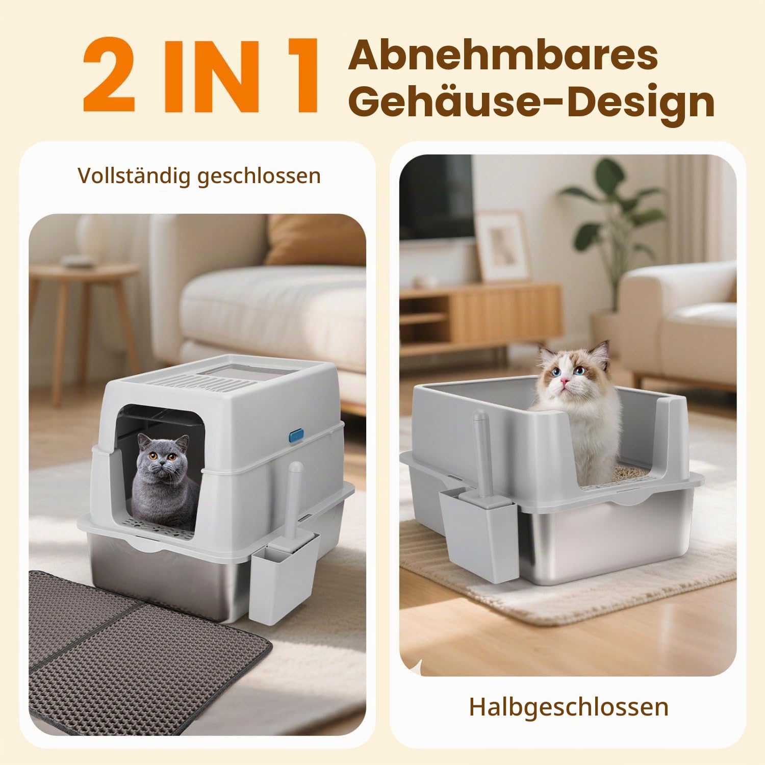 Nobleza Geschlossene Katzentoilette Edelstahl XXL mit Deckel – Rostfrei, Geruchsneutral & Einfache Reinigung für Große Katzen, mit Doppelschicht Matte + Schaufel