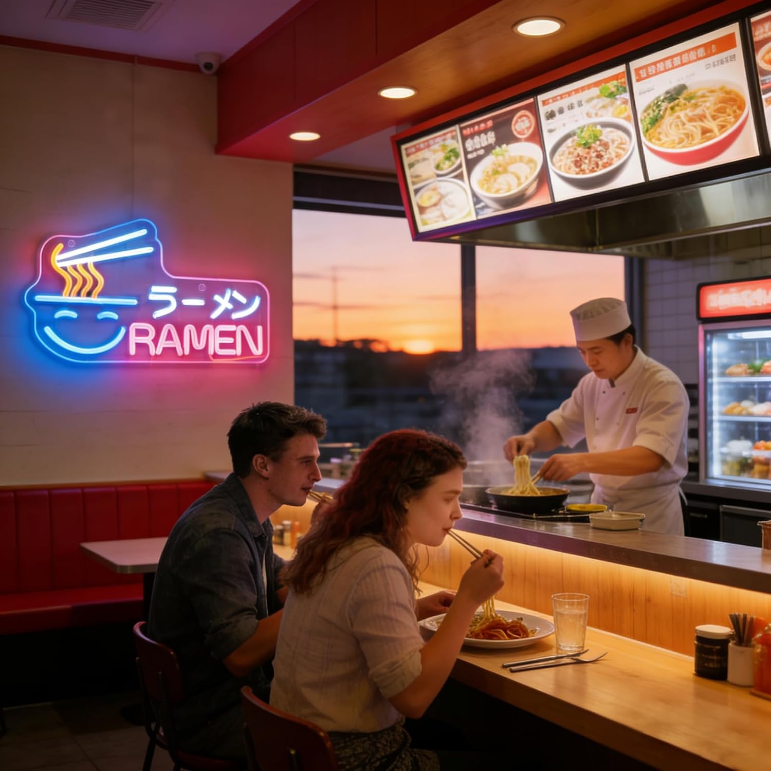 Japanese Ramen Neon Sign USB Powered Noodle Shop LED Sign with Chopsticks Design 16.54"*9.06" Minimalist Wall Decor Light for Home Kitchen Ramen Restaurants Food Courts Decoration image 4