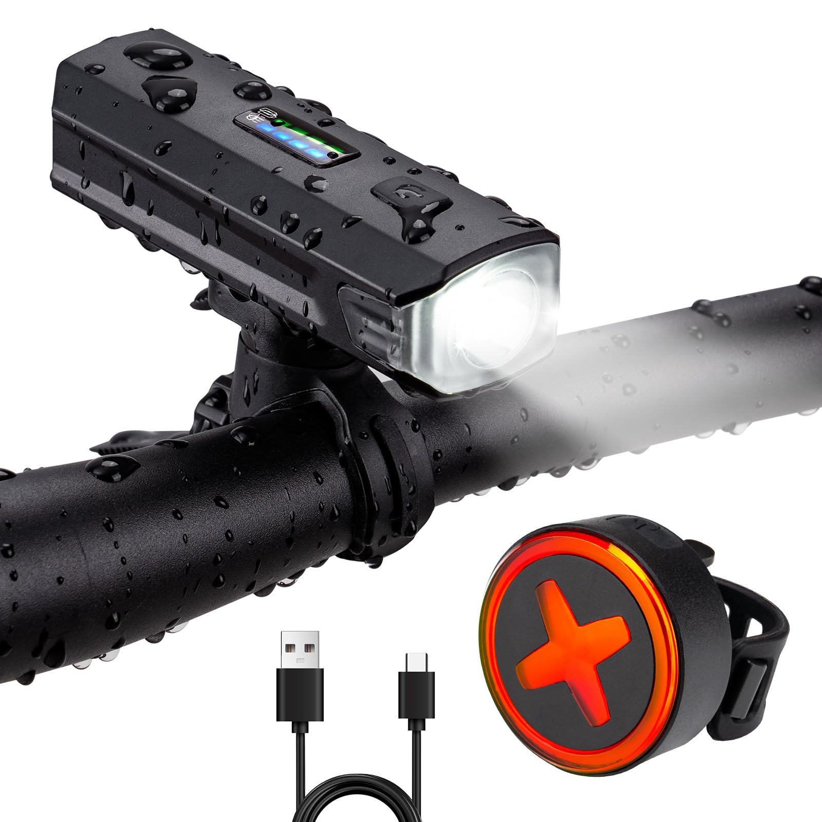 Kit d'éclairage de vélo Batterie USB et durée d'éclairage de 8,5 h I Kit d'éclairage LED étanche et Rechargeable I Lumière de vélo