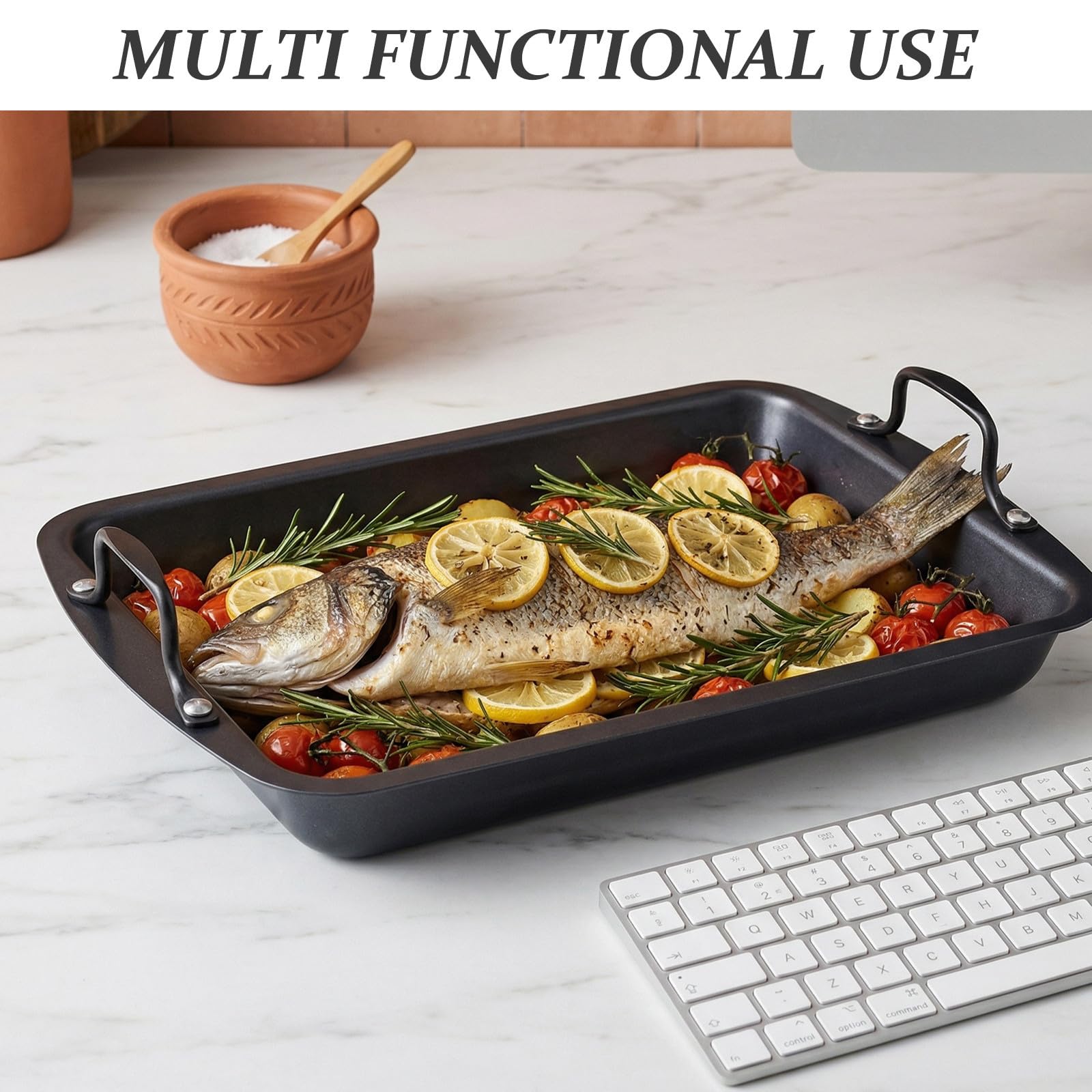 Bandeja para Asar de Acero Inoxidable Recubrimiento Antiadherente, Distribución Uniforme del Calor y Diseño Rectangular para Cocinar Pescados y Carnes