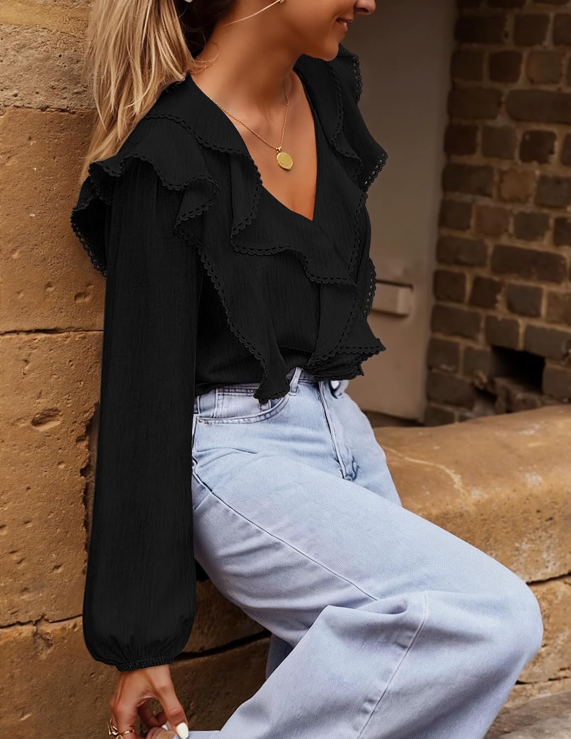 MEROKEETY Women's Fall Long Sleeve Ruffle Blouse Dressy Casual Top V Neck Trendy Business Work Shirts 2025 - Image 4