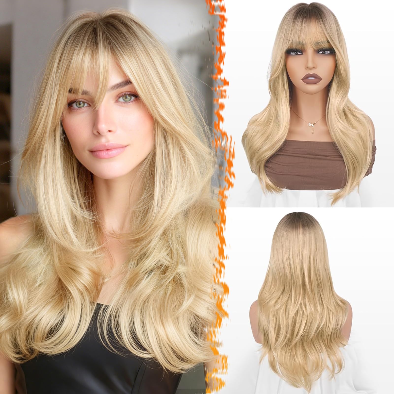 Photo 1 of BARSDAR Ombre Blonde Layered Wig with Bangs - 20 Inch Blonde Ombre Layered Wig with Dark Roots for Women - Natural Looking Soft Wavy Synthetic Sabrina Wigs Layers Haircut Fringe Daily