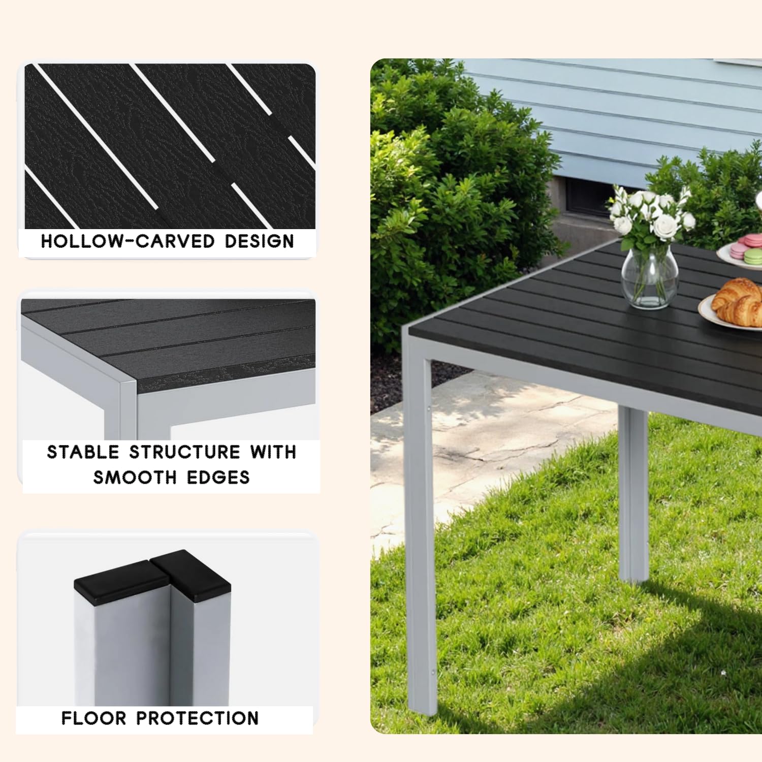 Clevich Mesa de jardín Resistente a la Intemperie, 110 x 70 cm, Mesa de Comedor al Aire Libre, Mesa de balcón WPC, Marco de Aluminio, Muebles de jardín Resistentes a la Intemperie, Mesa Cuadrada de