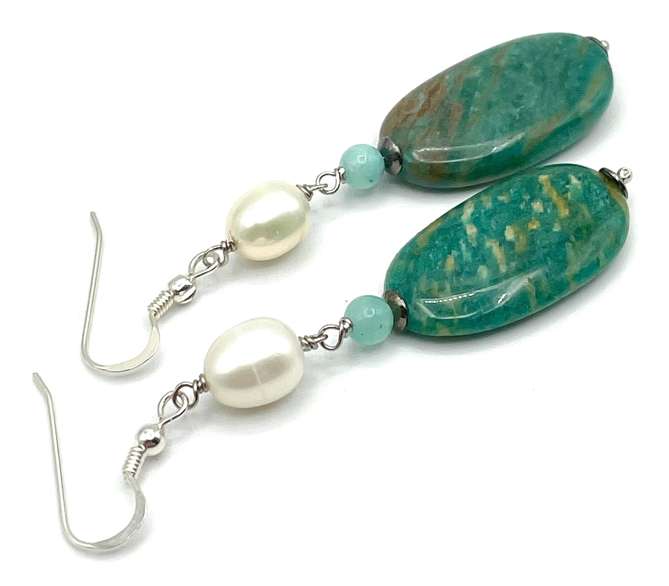 Orecchini con Amazzonite Turchese e Perle Bianche, Pendenti Lunghi, Argento 925, Gioielli Pietre Dure Naturali, Regalo per Lei, Bijoux